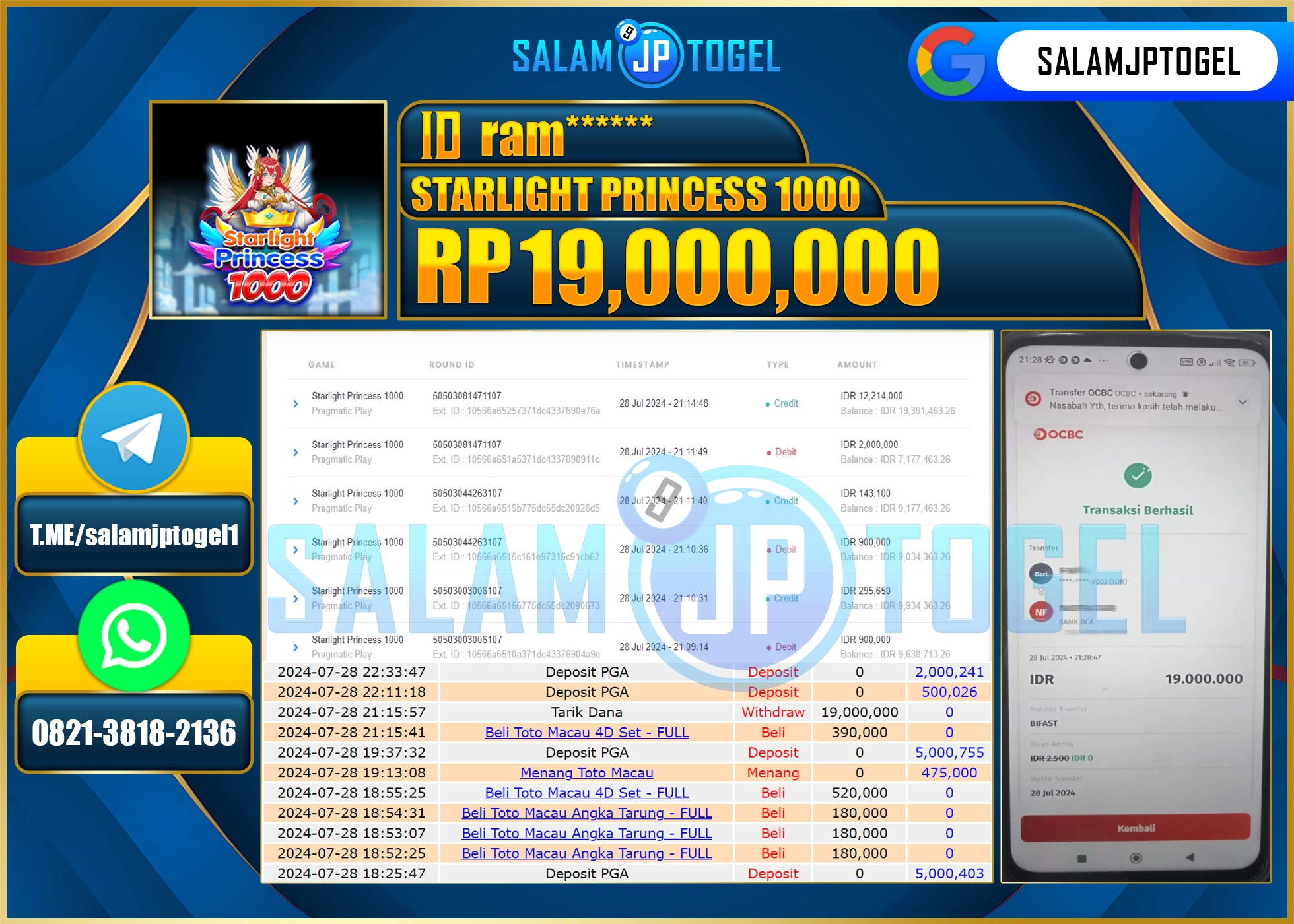 SALAMJPTOGEL MENANG SLOT STARLIGHT PRINCESS 1000 RP. 19,000,000.,LUNAS