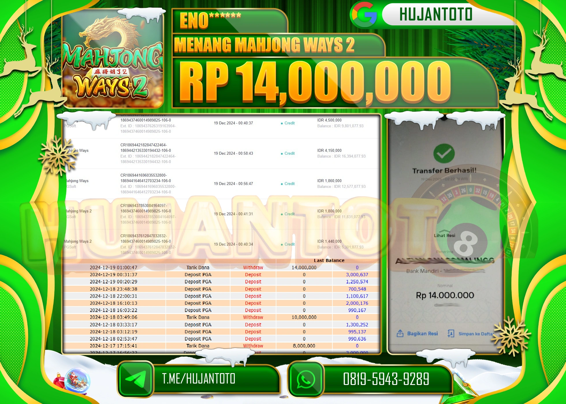 HUJANTOTO ATAS KEMENANGAN YANG DI RAIH DI PERMAINAN SLOT MAHJONG WAYS 2 SEBESAR - 14,000,000 - TERBAYAR LUNAS