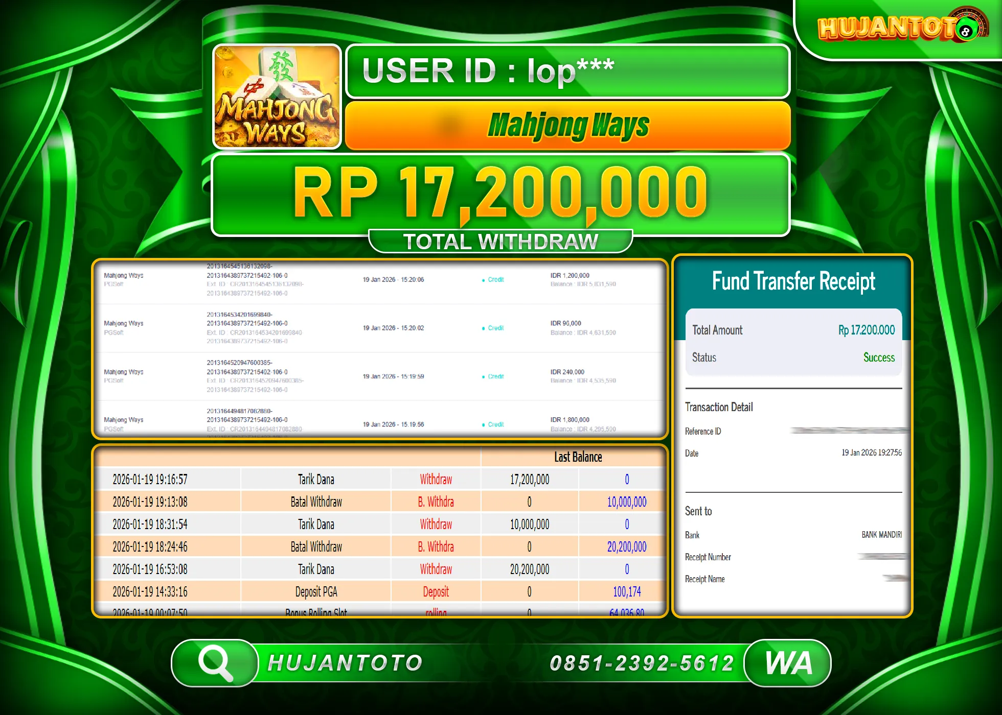 HUJANTOTO - BUKTI JACKPOT MENANG SLOT MAHJONG WAYS  Rp.17,200,000 - TERBAYAR LUNAS