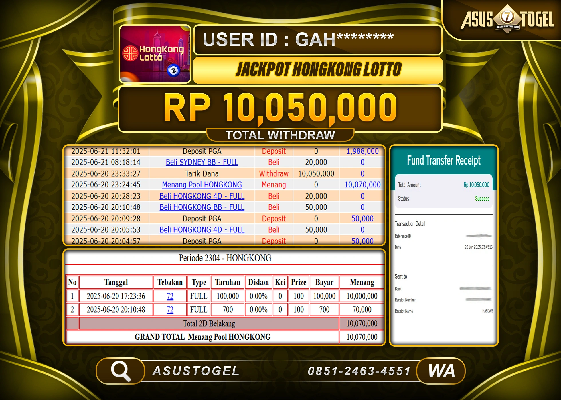 ASUSTOGEL KEMENANGAN DI TOGEL HONGKONG LOTTO SEBESAR 10,050,000- RUPIAH LUNAS