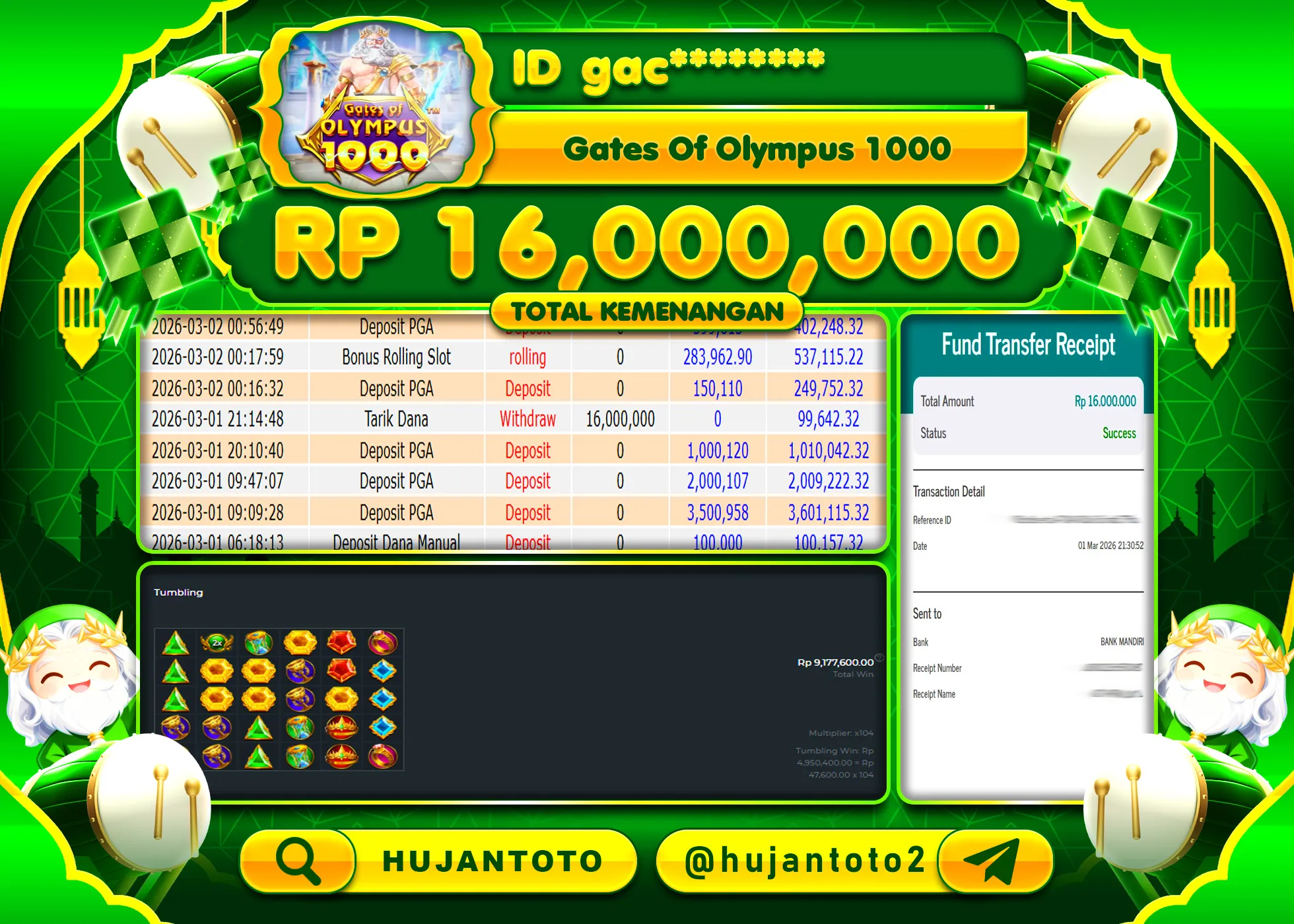 HUJANTOTO - BUKTI JACKPOT MENANG SLOT GATES OF OLYMPUS 1000 Rp.16,000,000 - TERBAYAR LUNAS