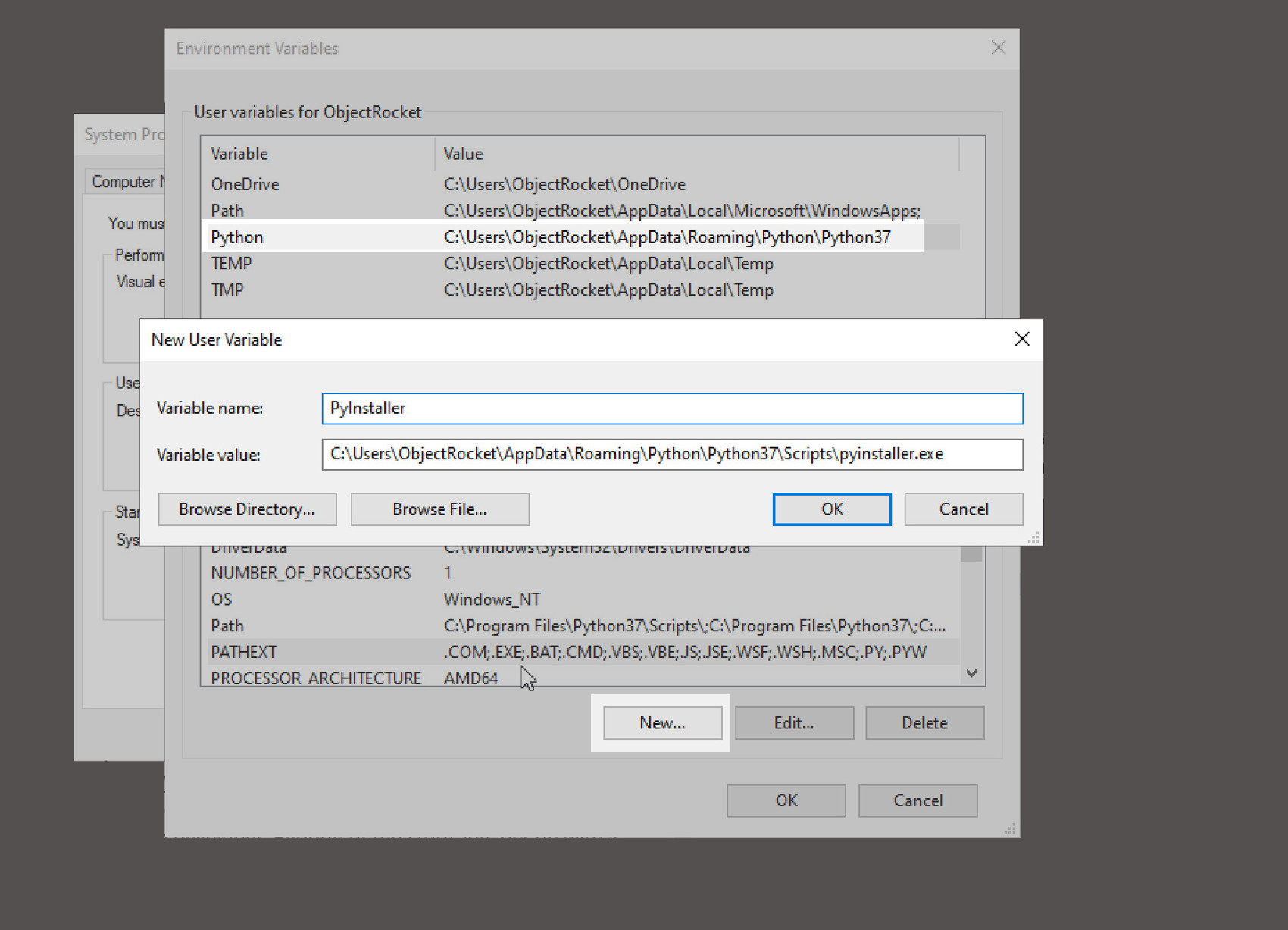 Screenshot of the user variables in the Environmental Variables settings for Windows