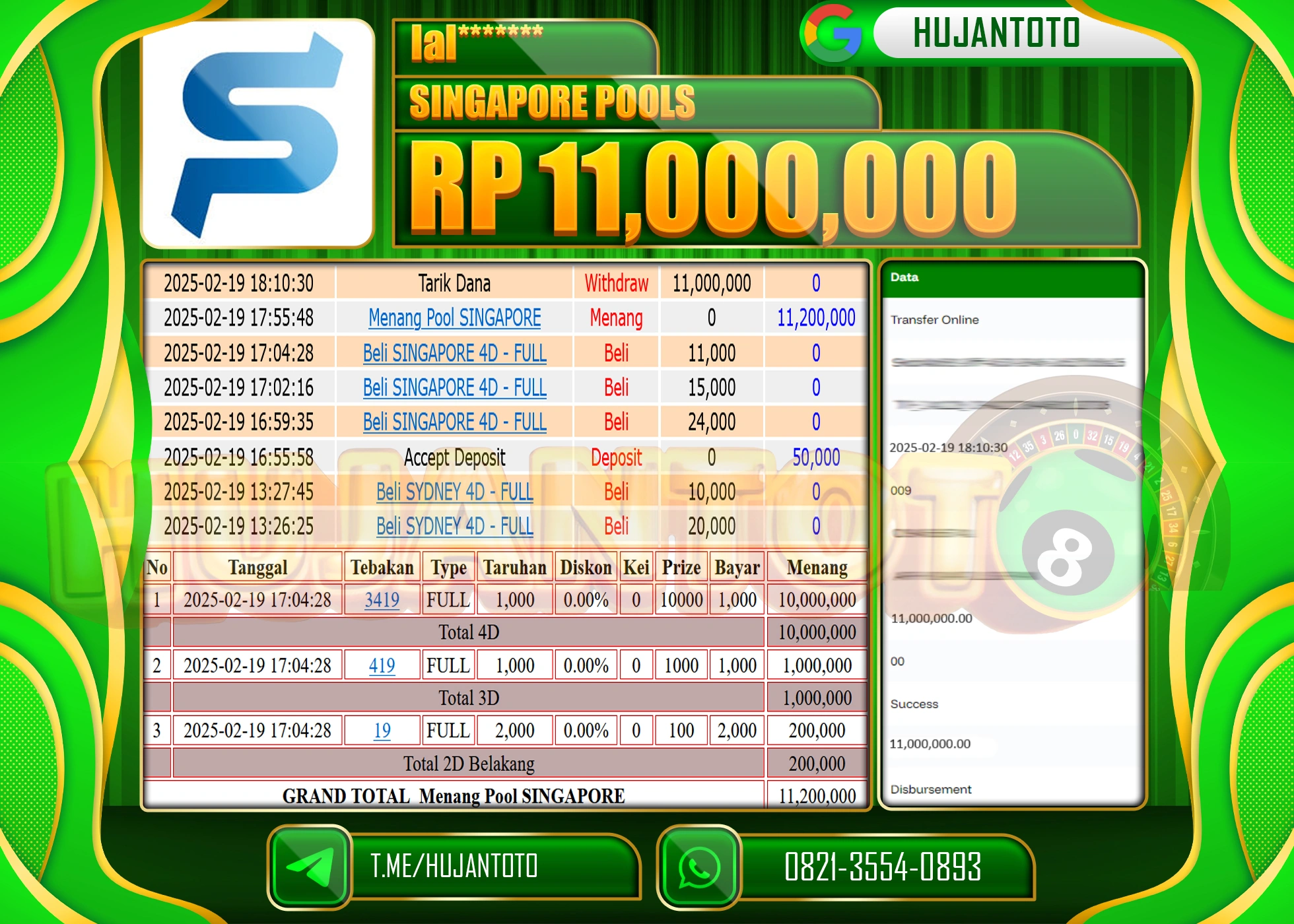 HUJANTOTO - BUKTI JACKPOT MENANG TOGEL SINGAPORE POOLS Rp,11.000,000 - TERBAYAR LUNAS
