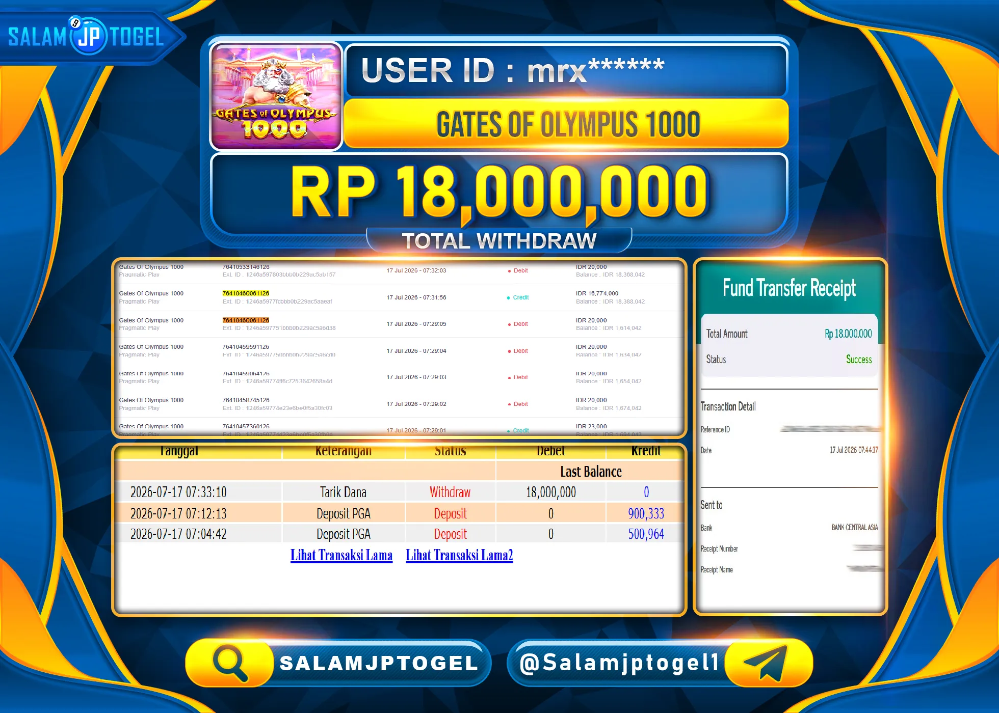 SALAMJPTOGEL JACKPOT MENANG SLOT GATES OF OLYMPUS 1000 Rp.18,000,000 - LUNAS