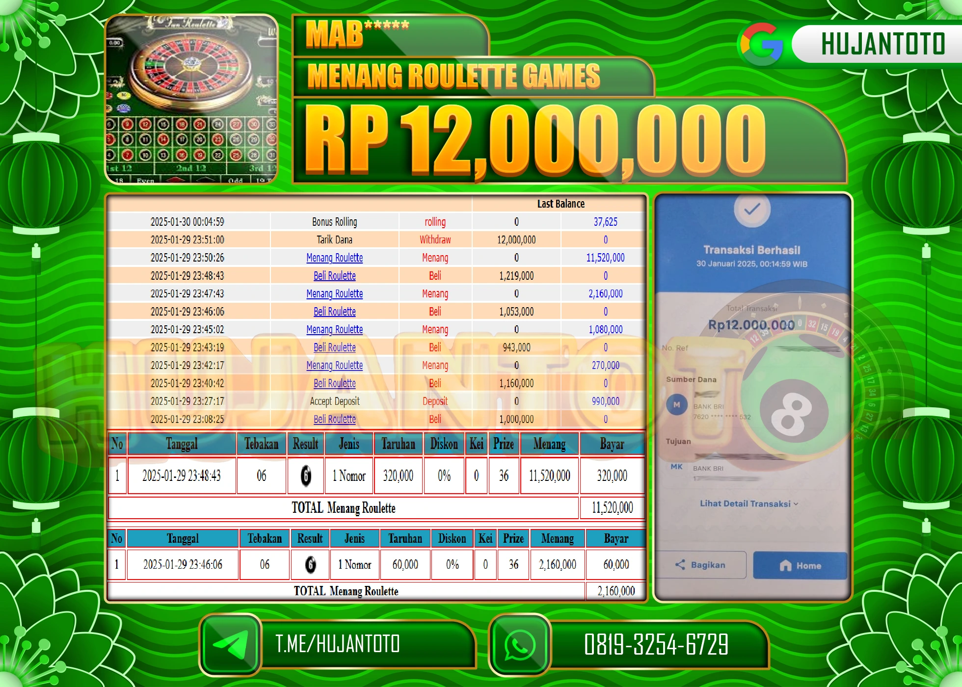 HUJANTOTO - BUKTI JACKPOT MENANG LIVEGAMES ROULETTE GAMES Rp,12,000,000 - TERBAYAR LUNAS