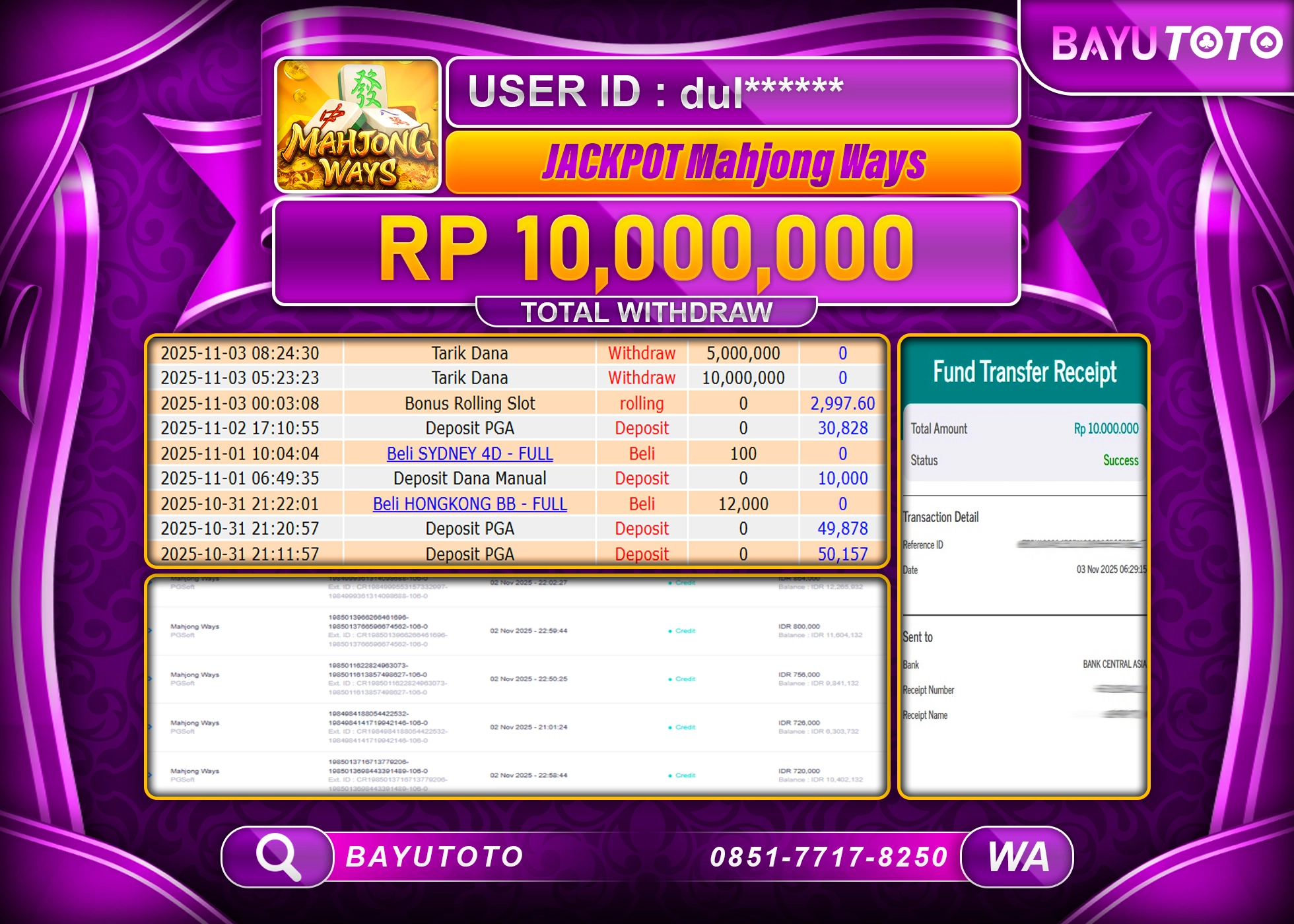 MEMBER BAYUTOTO JACKPOT SLOT MAHJONG WAYS PG SOFT Rp. 10,000,000 LUNAS