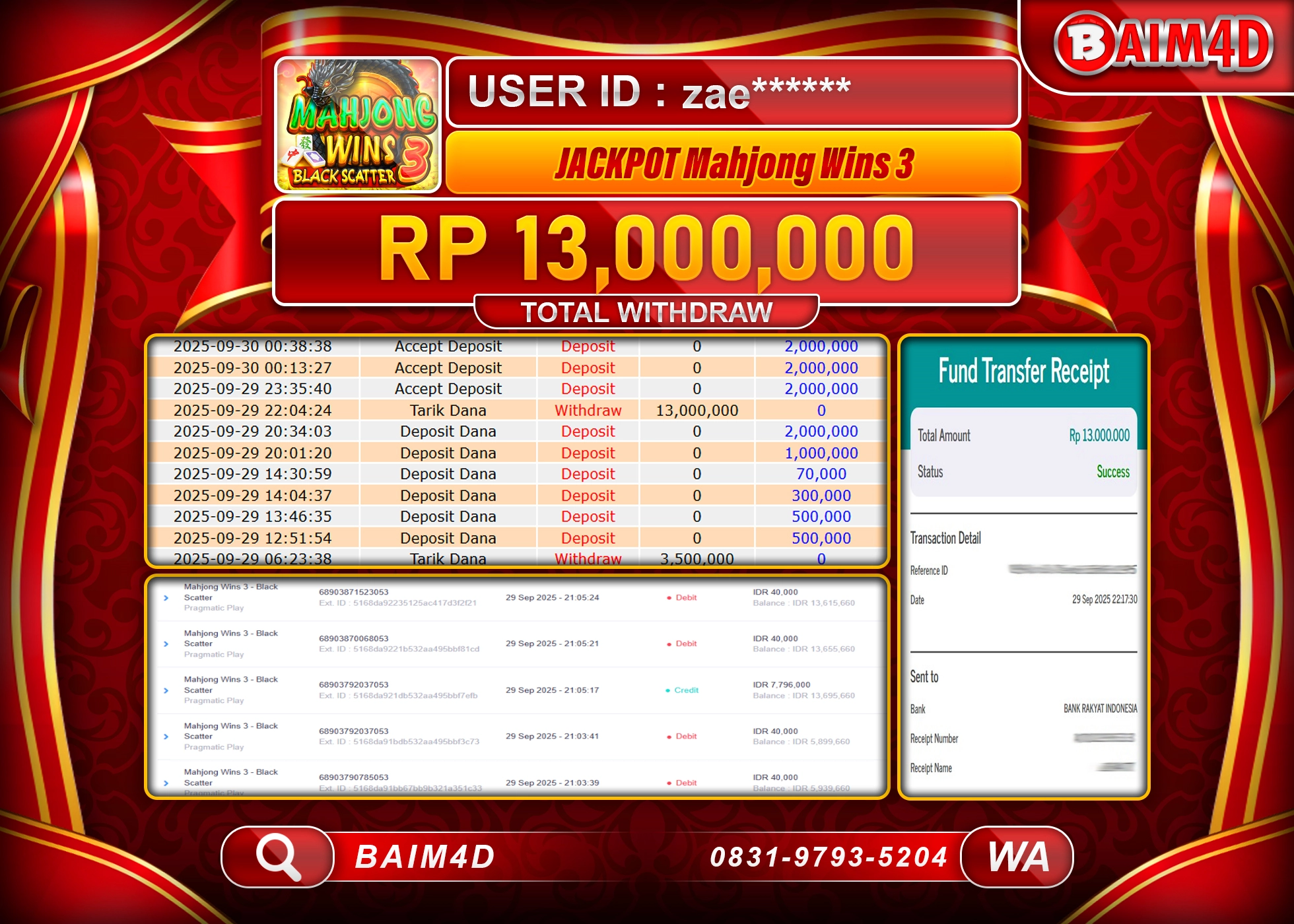 BAIM4D JACKPOT MAHJONG WINS 3 BLACK SCATTER Rp.13,000,000.- LUNAS