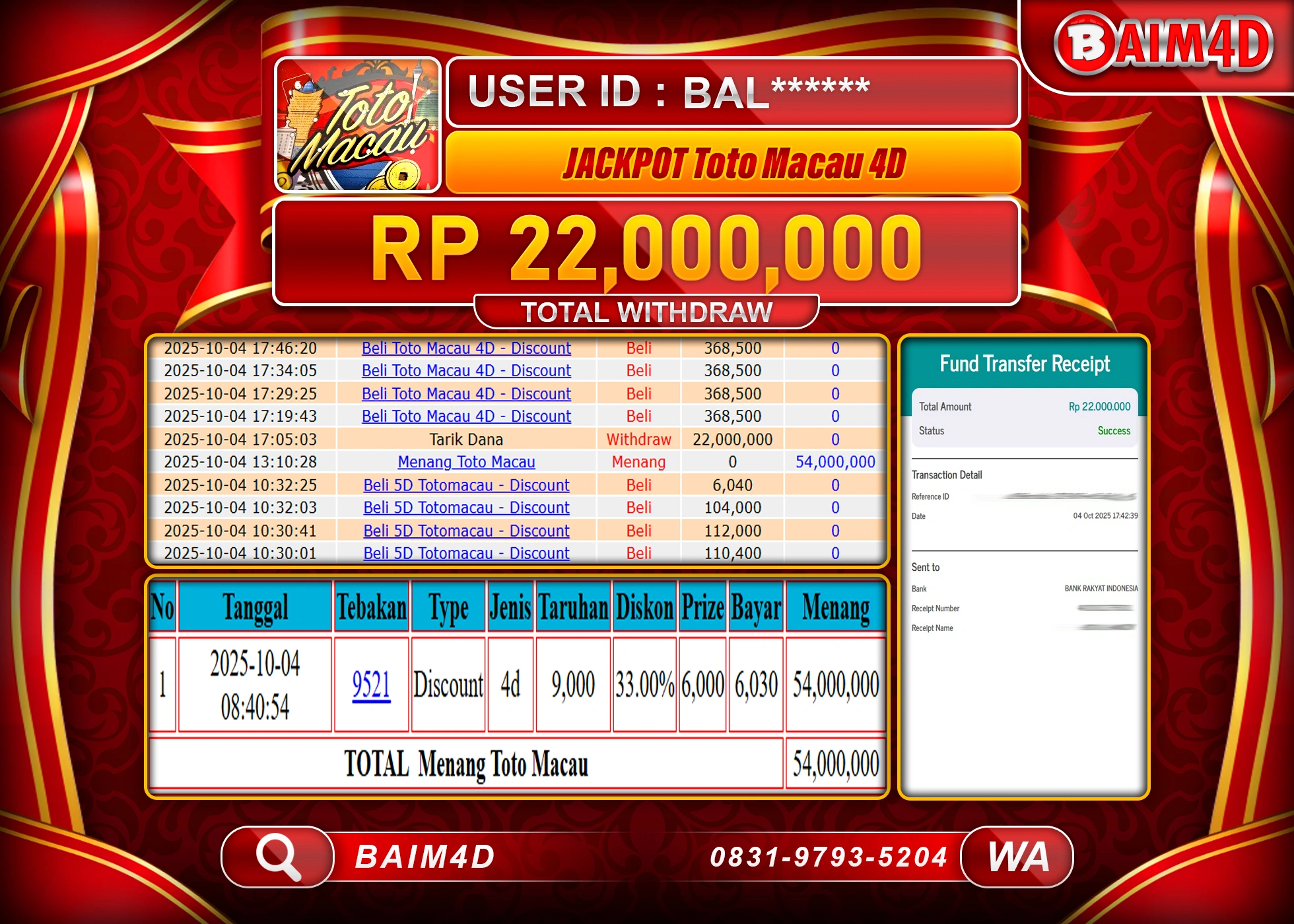 BAIM4D JACKPOT TOGEL TOTO MACAU 4D Rp.22,000,000.- LUNAS