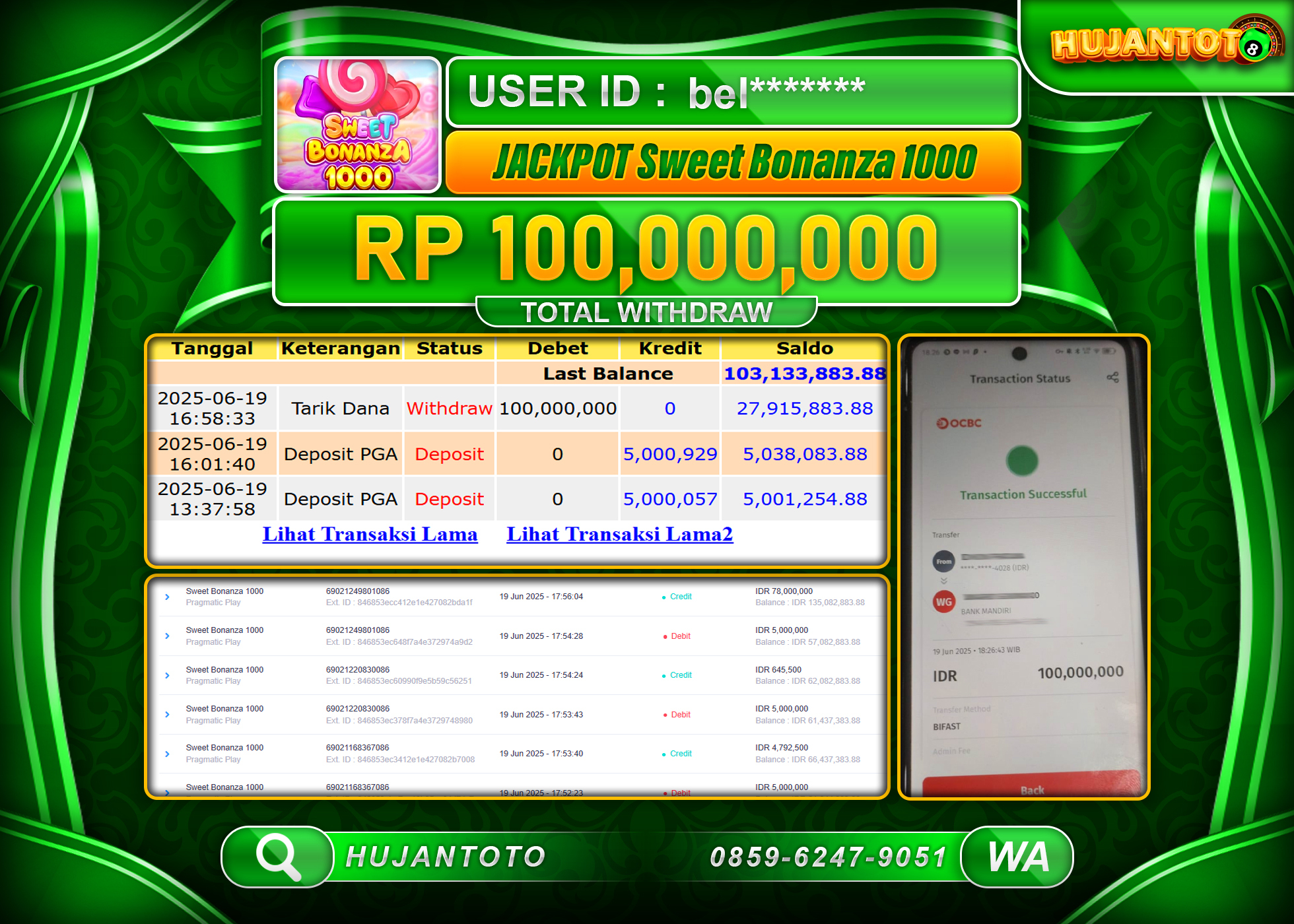HUJANTOTO - BUKTI JACKPOT MENANG SLOT DI SWEET BONANZA 1000  Rp.100,000,000 - TERBAYAR LUNAS