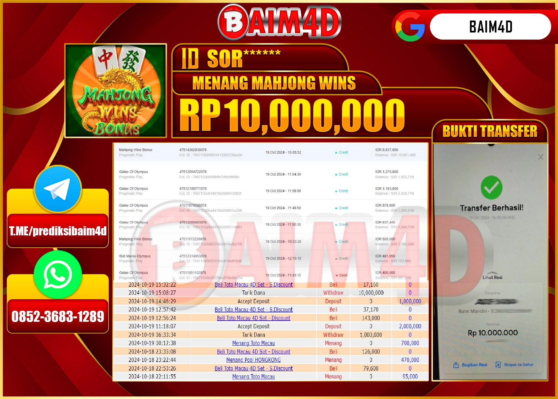 BAIM4D JACKPOT PRAGMATIC Mahjong Wins Rp.10.000,000.- LUNAS