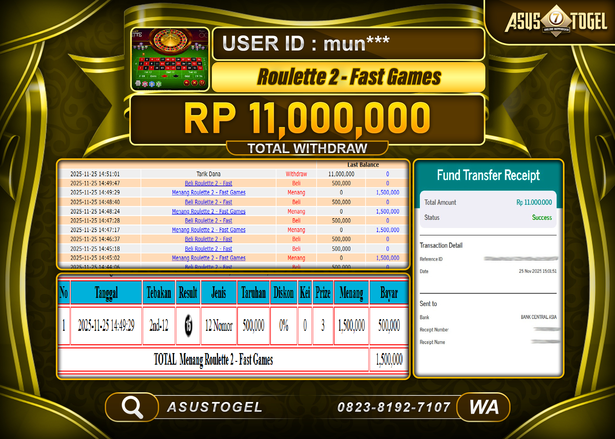 ASUSTOGEL KEMENANGAN DI LIVE GAME ROULETTE 2 - FAST GAMES SEBESAR 11,000,000 - RUPIAH LUNAS