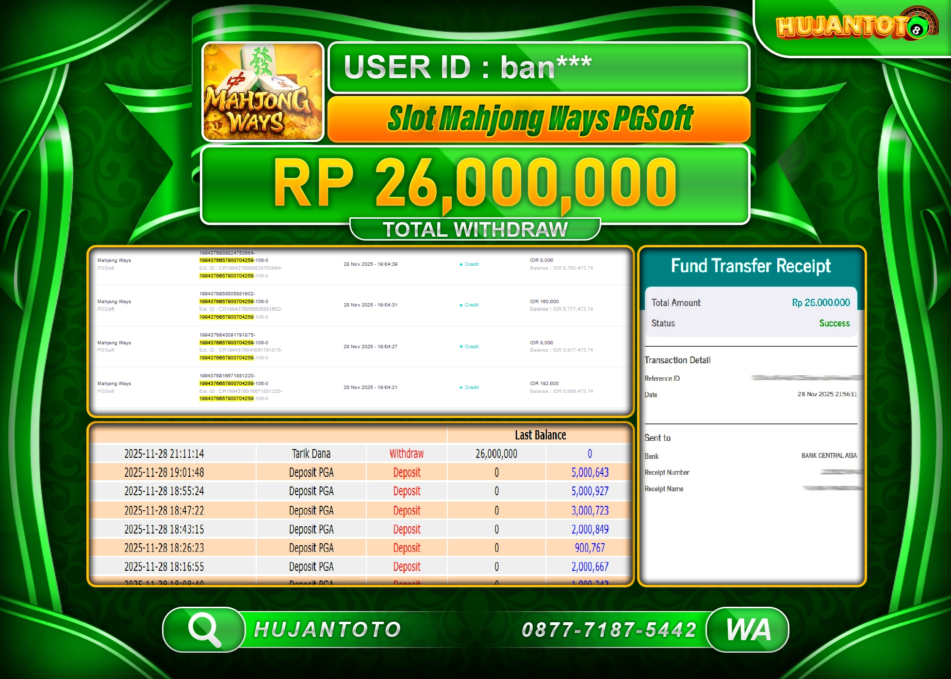 HUJANTOTO - BUKTI JACKPOT MENANG SLOT PG SOFT MAHJONG WAYS Rp.26,000,000 - TERBAYAR LUNAS