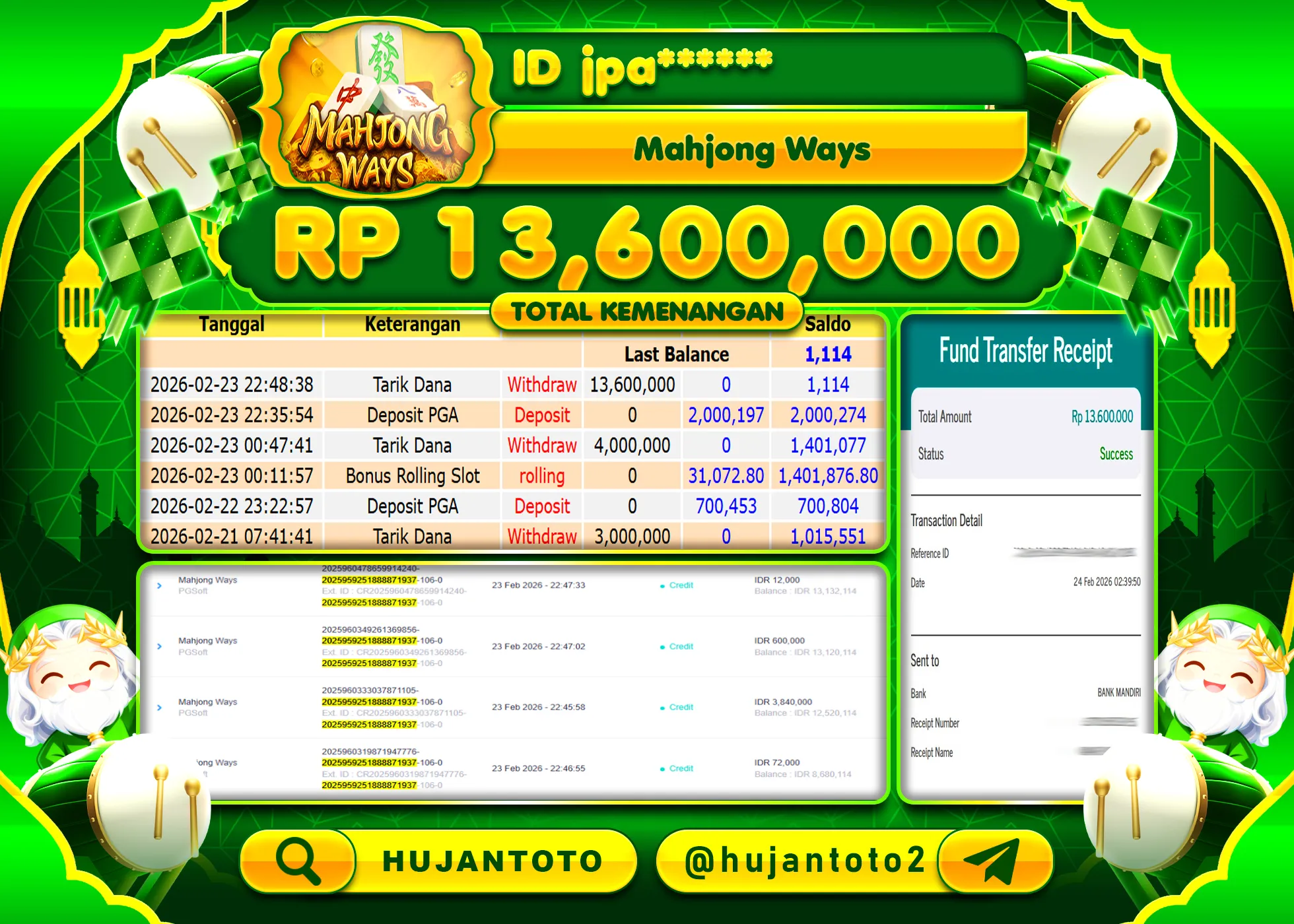 HUJANTOTO - BUKTI JACKPOT MENANG SLOT MAHJONG WAYS  Rp.13,600,000 - TERBAYAR LUNAS