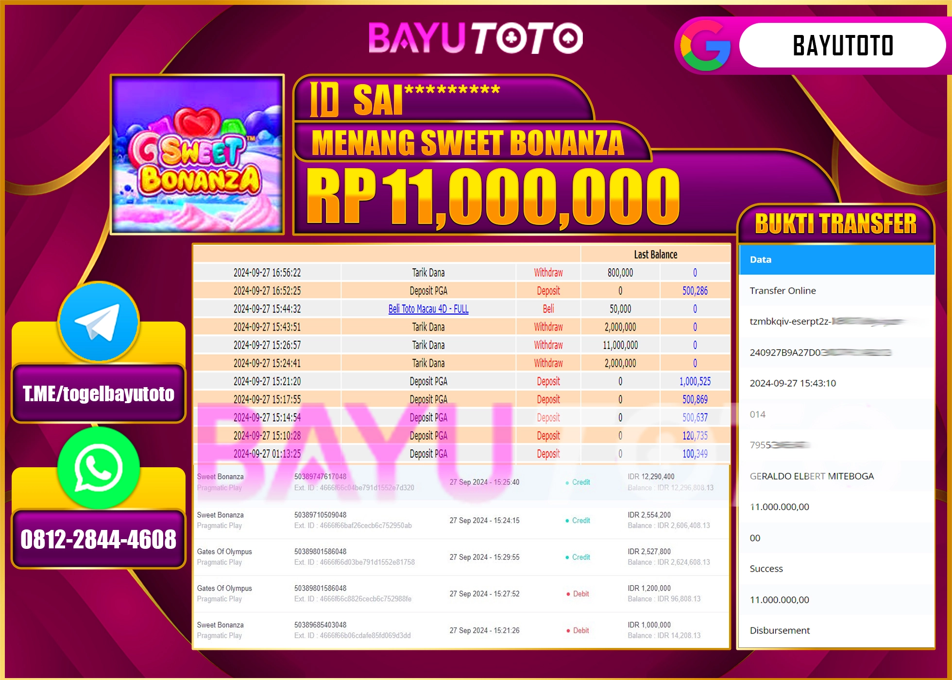BAYUTOTO MENANG SLOT SWEET BONANZA 11.000.000 - LUNAS