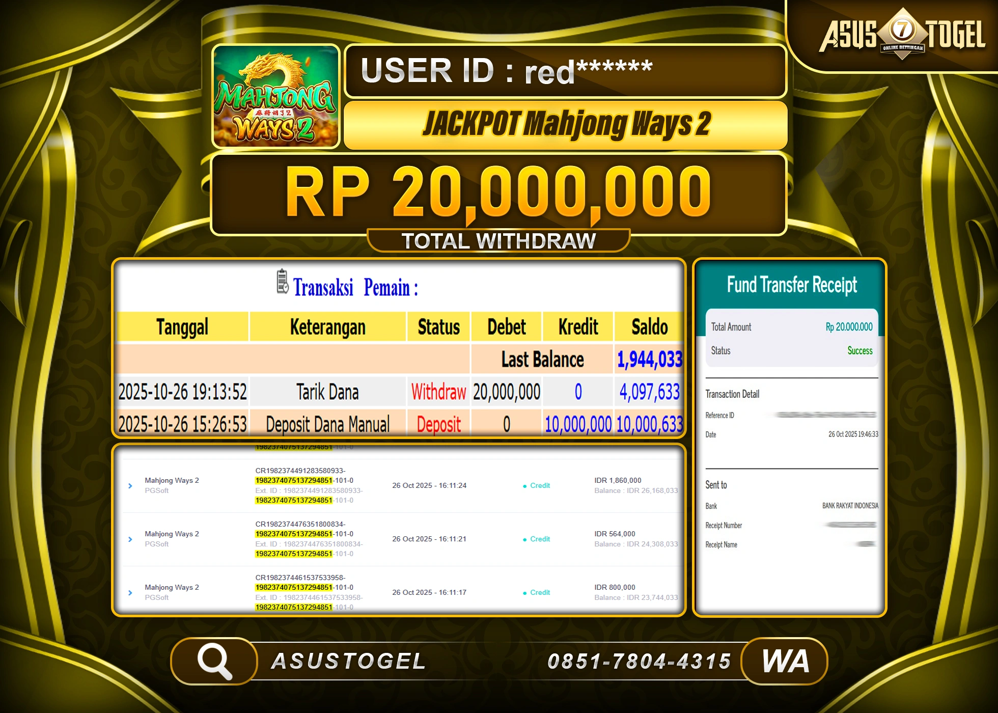 ASUSTOGEL KEMENANGAN DI SLOT MAHJONG WAYS 2 SEBESAR 20,000,000- RUPIAH LUNAS