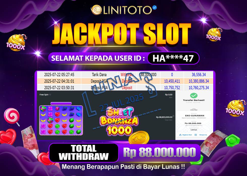 LINITOTO JACKPOT SLOT SWEET BONANZA 1000 Rp.88.000.000,- LUNAS