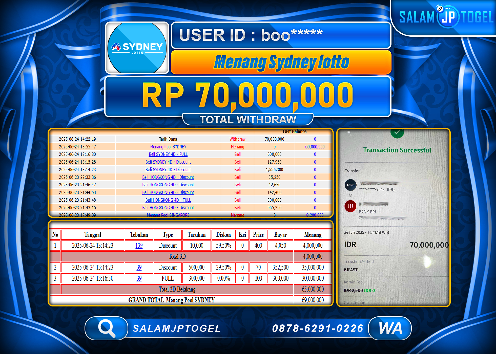 SALAMJPTOGEL MENANG Sydney Lotto Rp.70,000,000 LUNAS