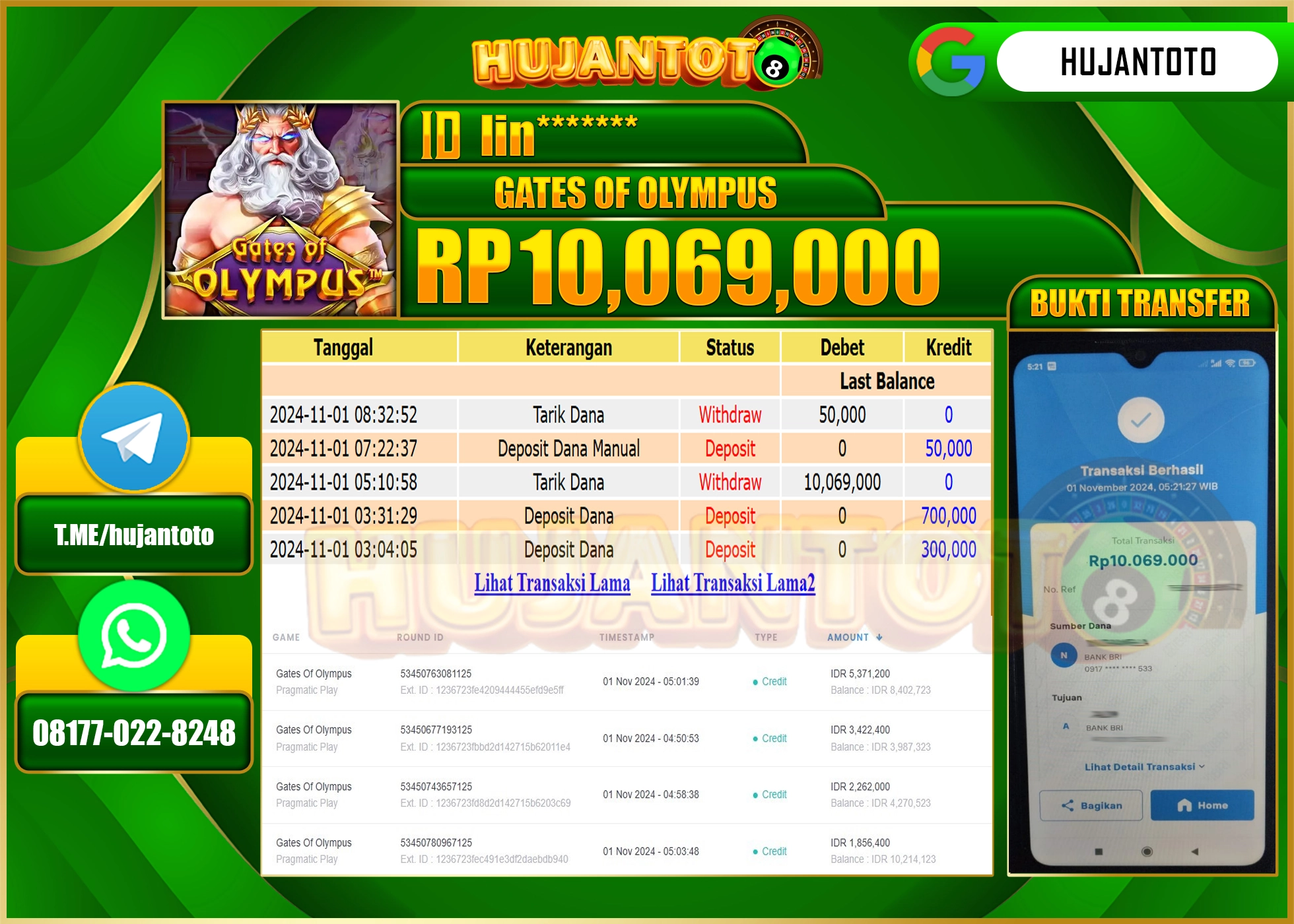 HUJANTOTO MENANG DI PERMAINAN GATES OF OLYMPUS - 10,069,000  - LUNAS