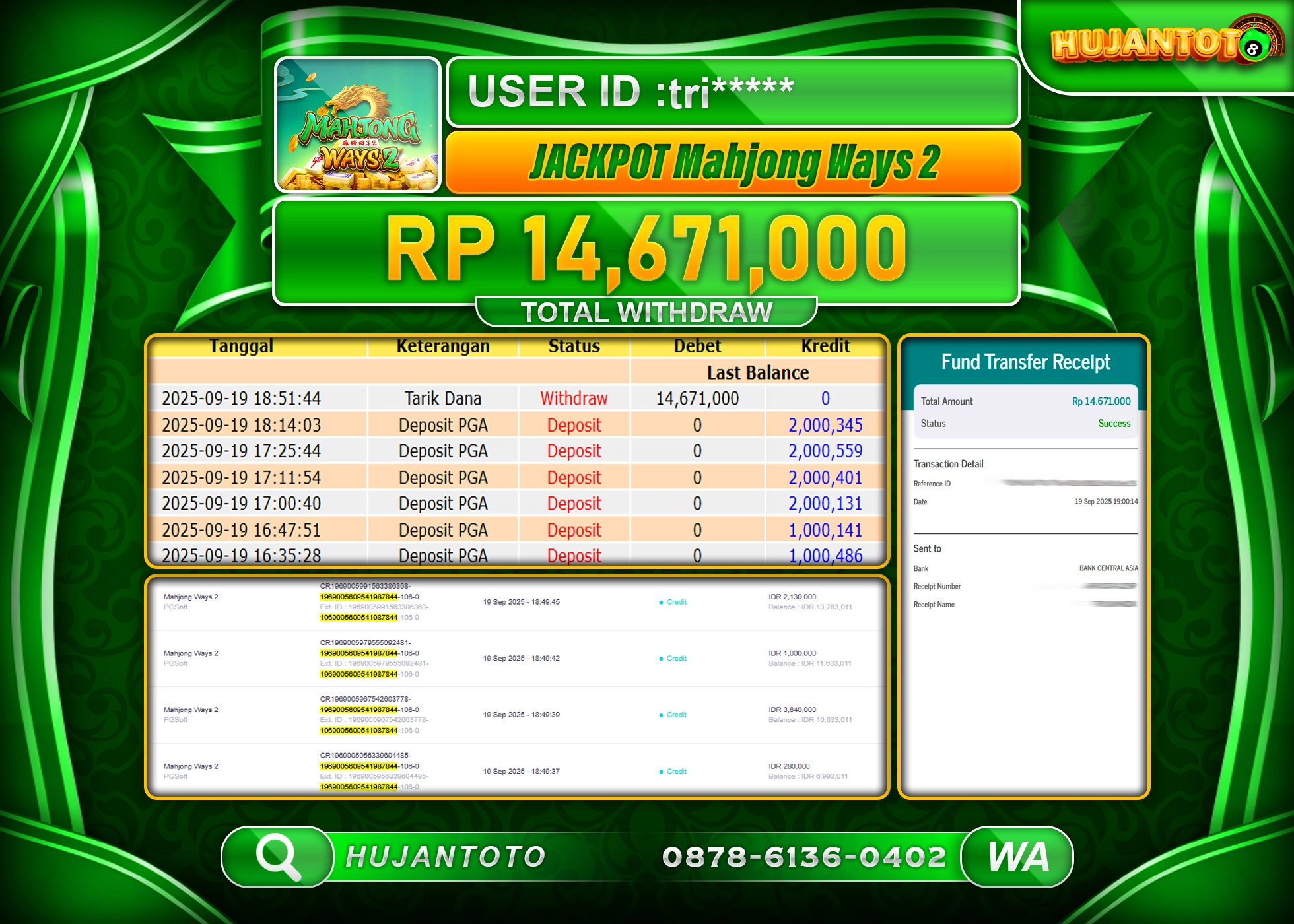 HUJANTOTO - BUKTI JACKPOT MENANG SLOT MAHJONG WAYS 2 Rp.14,671,000 - TERBAYAR LUNAS