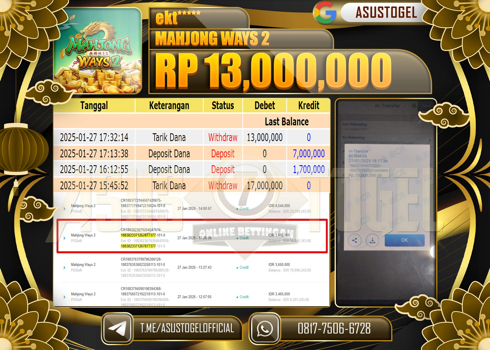 ASUSTOGEL KEMENANGAN DI MAHJONG WAYS 2 SEBESAR 13.000.000 - RUPIAH LUNAS