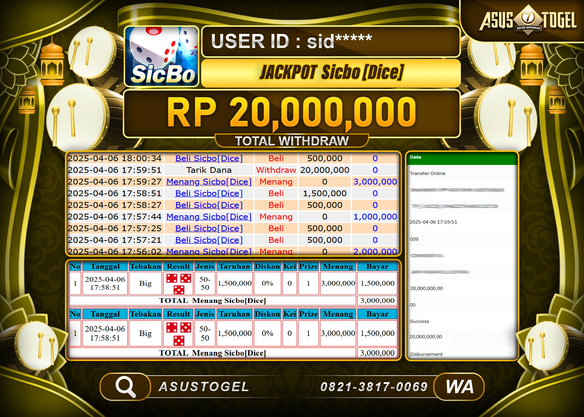ASUSTOGEL KEMENANGAN DI LIVE GAME SICBO [DICE] SEBESAR 20,000,000- RUPIAH LUNAS