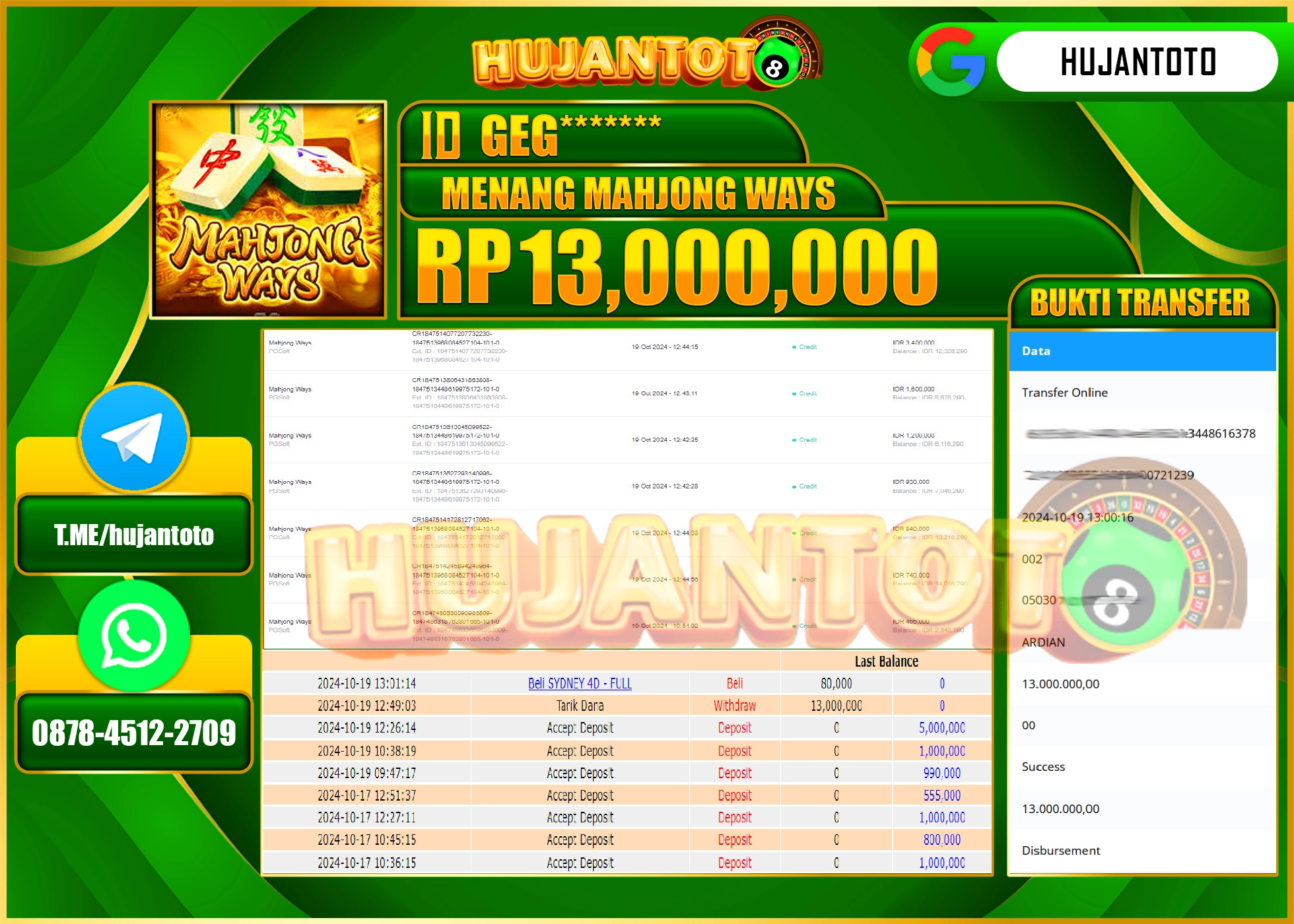 HUJANTOTO MENANG DI PERMAINAN MAHJONG WAYS SEBESAR - 13,000,000 - TERBAYAR  LUNAS
