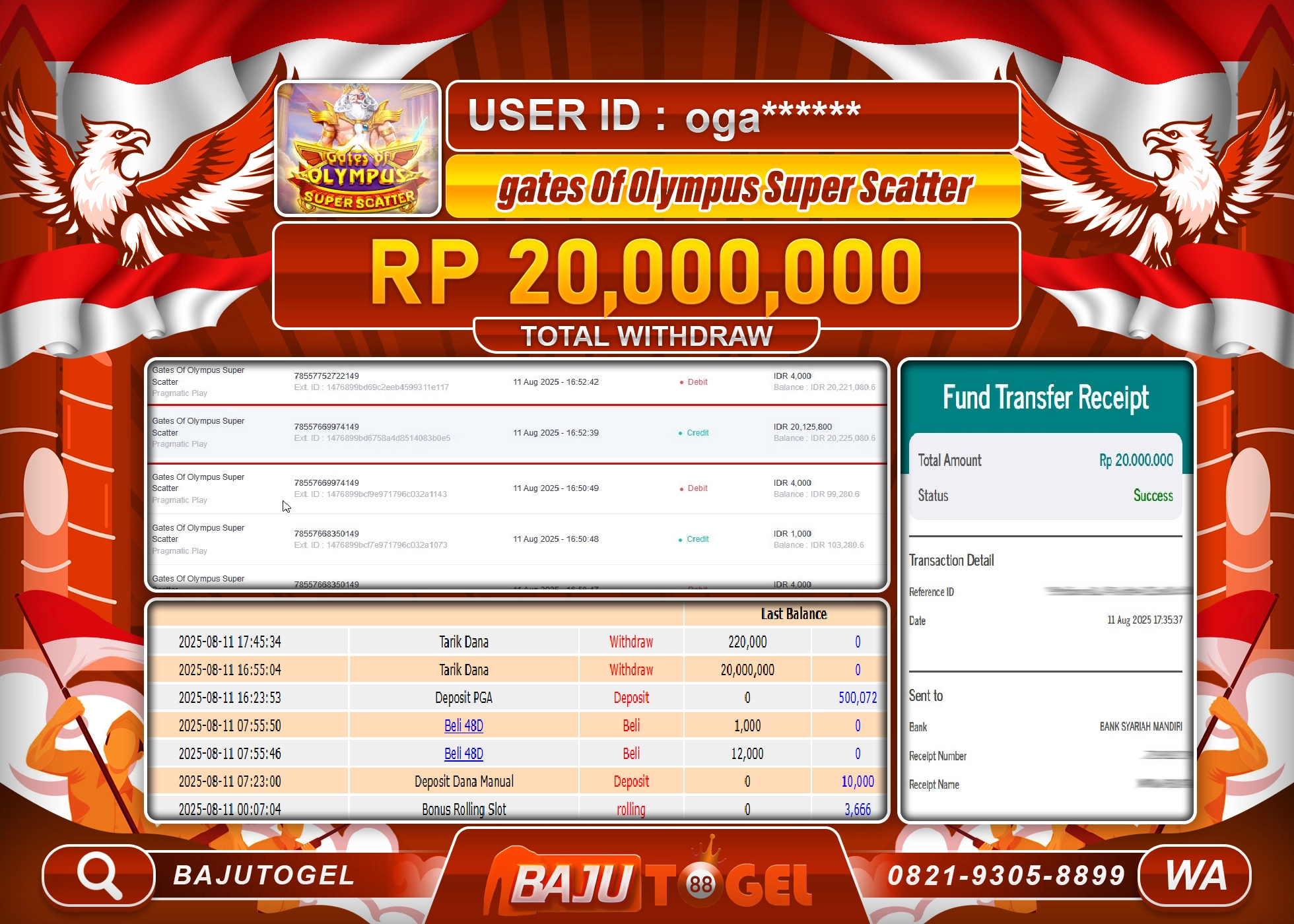 BAJUTOGEL KEMENANGAN GATES OF OLYMPUS SUPER SCATTER  Rp.20.000.000 LUNAS