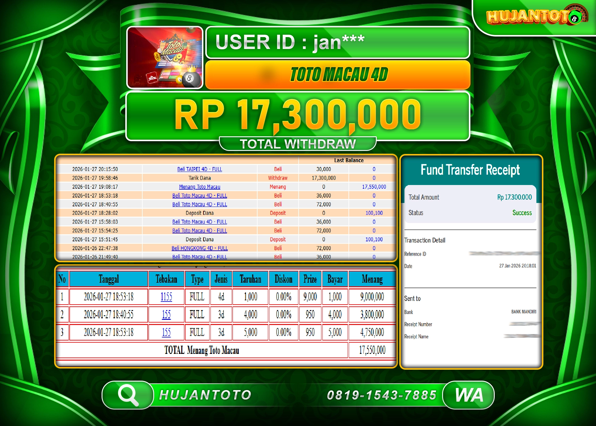 HUJANTOTO - BUKTI JACKPOT MENANG TOGEL TOTO MACAU 4D Rp.17,300,000 - TERBAYAR LUNAS