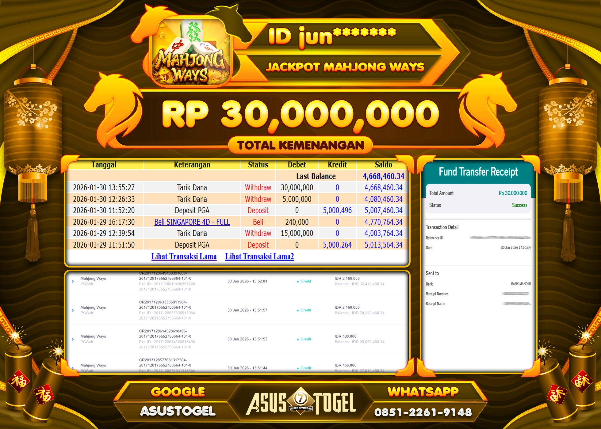 ASUSTOGEL KEMENANGAN DI SLOT MAHJONG WAYS SEBESAR 30,000,000 - RUPIAH LUNAS