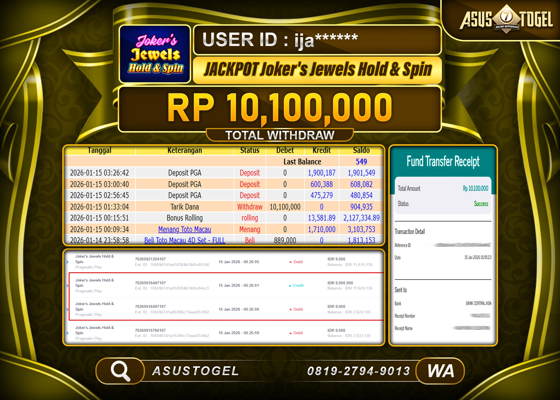 ASUSTOGEL KEMENANGAN DI JOKER JEWELS HOLD & SPIN SEBESAR 10,100,000 - RUPIAH LUNAS