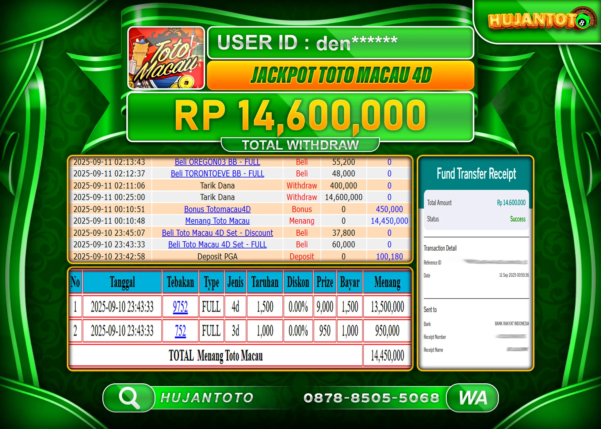 HUJANTOTO - BUKTI JACKPOT MENANG TOGEL TOTO MACAU 4D Rp.14,600,000 - TERBAYAR LUNAS