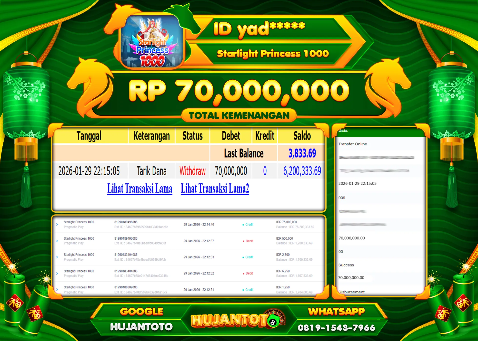 HUJANTOTO - BUKTI JACKPOT MENANG SLOT STARLIGHT PRINCESS 1000 Rp.70,000,000 - TERBAYAR LUNAS