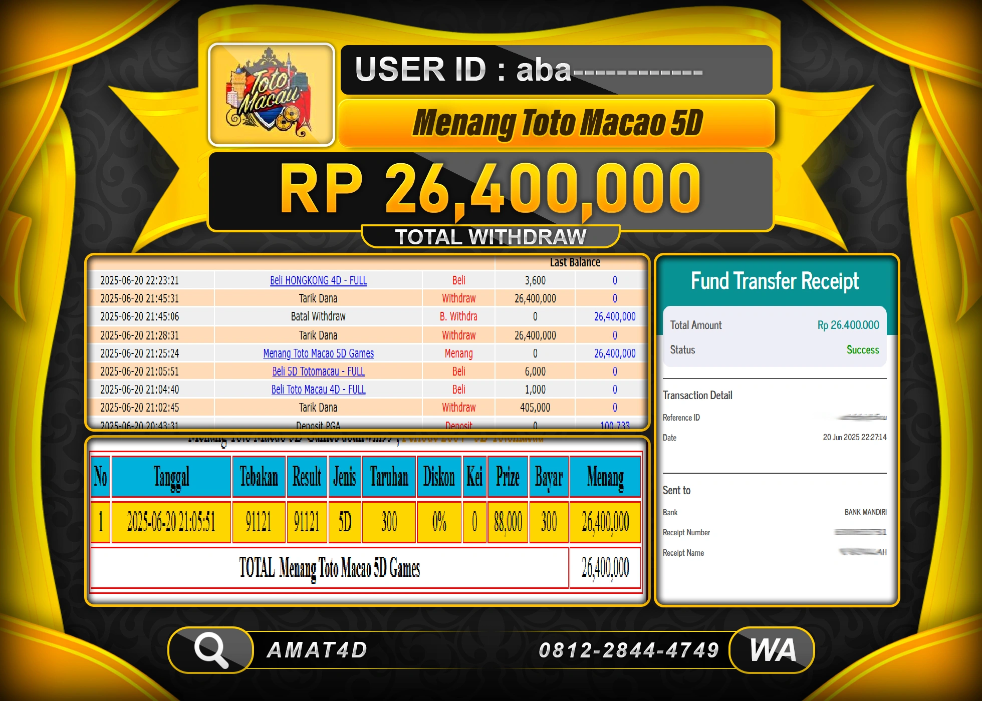 AMAT4D KEMENANGAN TOTO MACAU 4D  Rp.26.400.000 BERHASIL TERBAYAR LUNAS