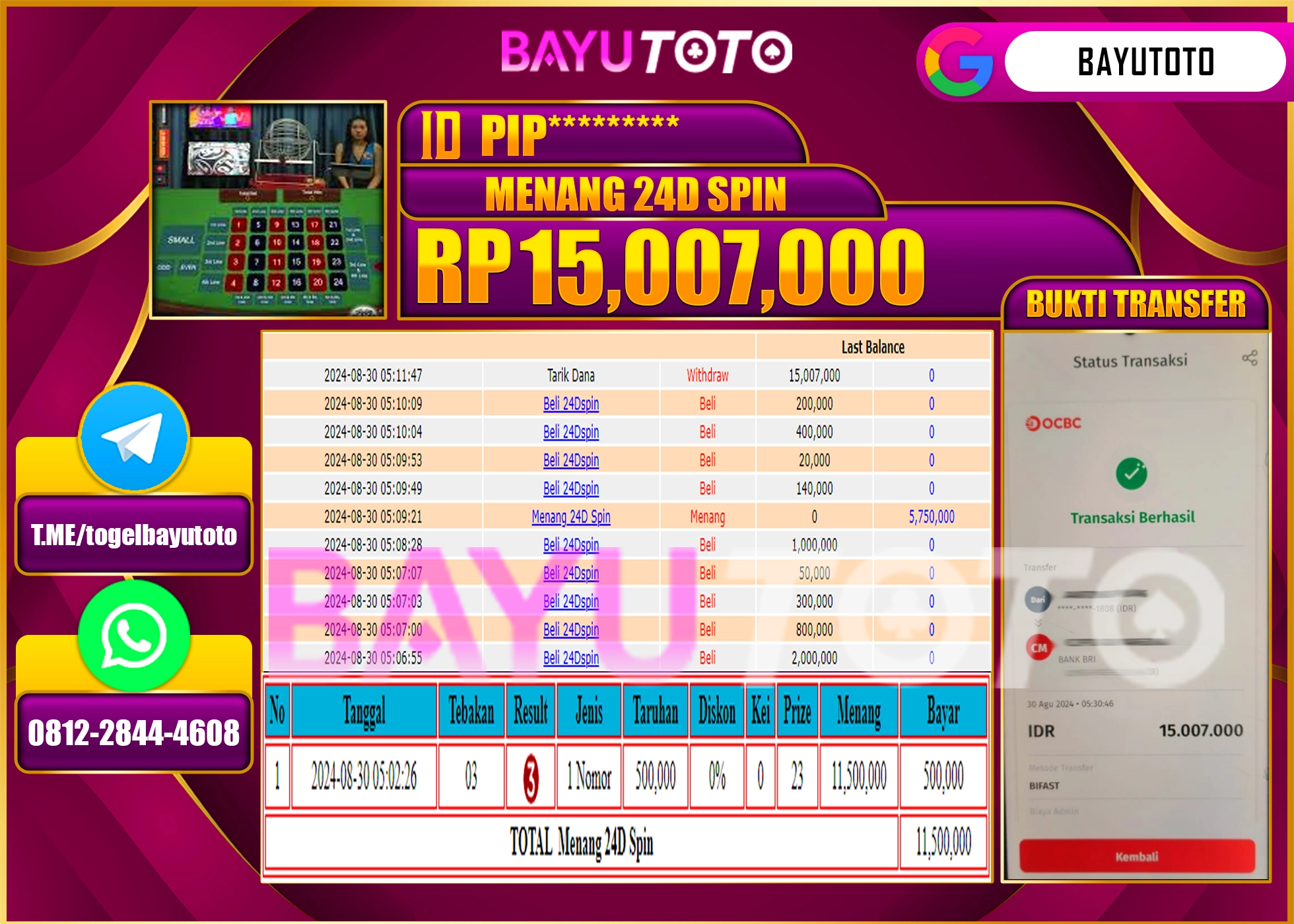 BAYUTOTO MENANG LIVE CASINO 24D SPIN 15.007.000 - LUNAS