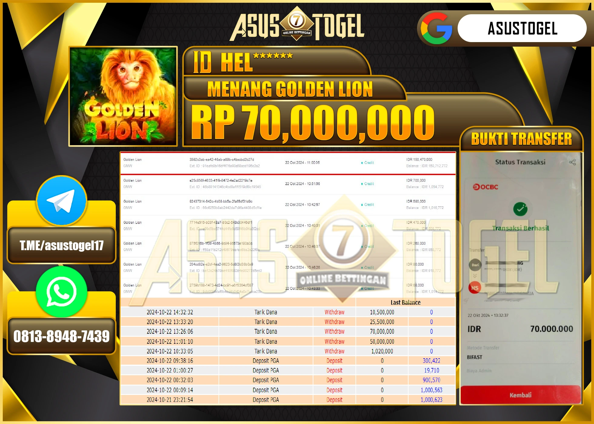 ASUSTOGEL KEMENANGAN DI GAMES GOLDEN LION SEBESAR 70,000,000- RUPIAH LUNAS