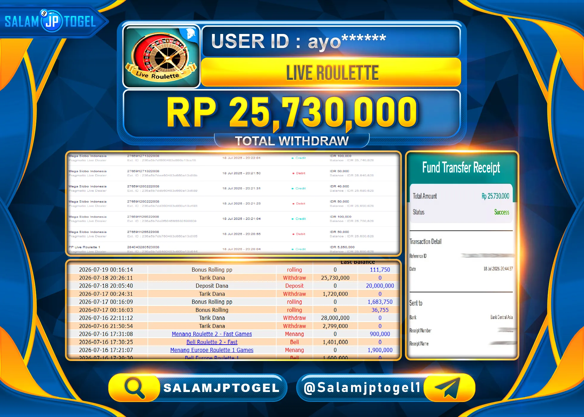 SALAMJPTOGEL JACKPOT MENANG LIVEGAMES CASINO LIVE ROULETTE Rp.25,730,000 - LUNAS