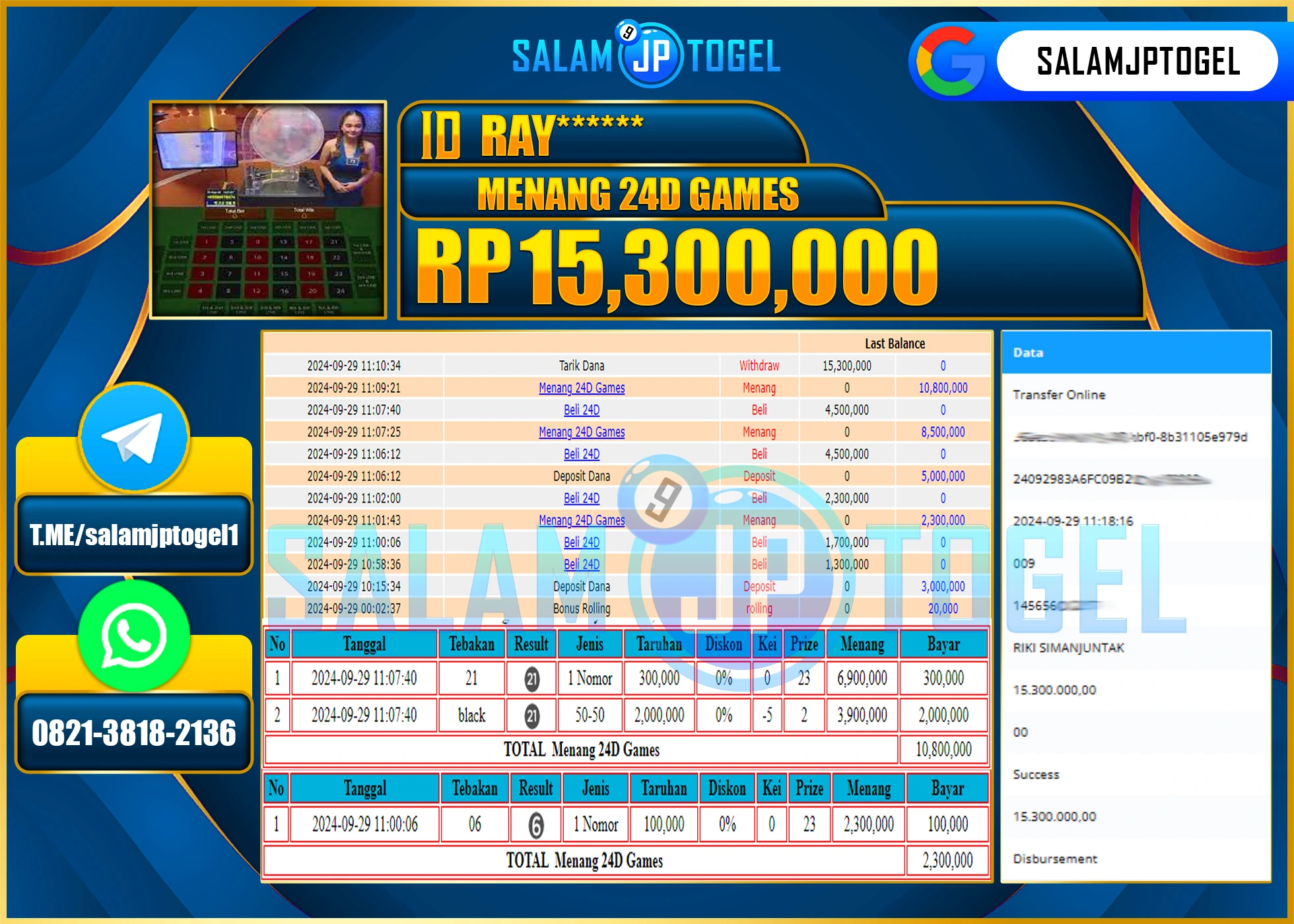 SALAMJPTOGEL MENANG LIVEGAME 24D GAMES  RP. 15,300,000 LUNAS