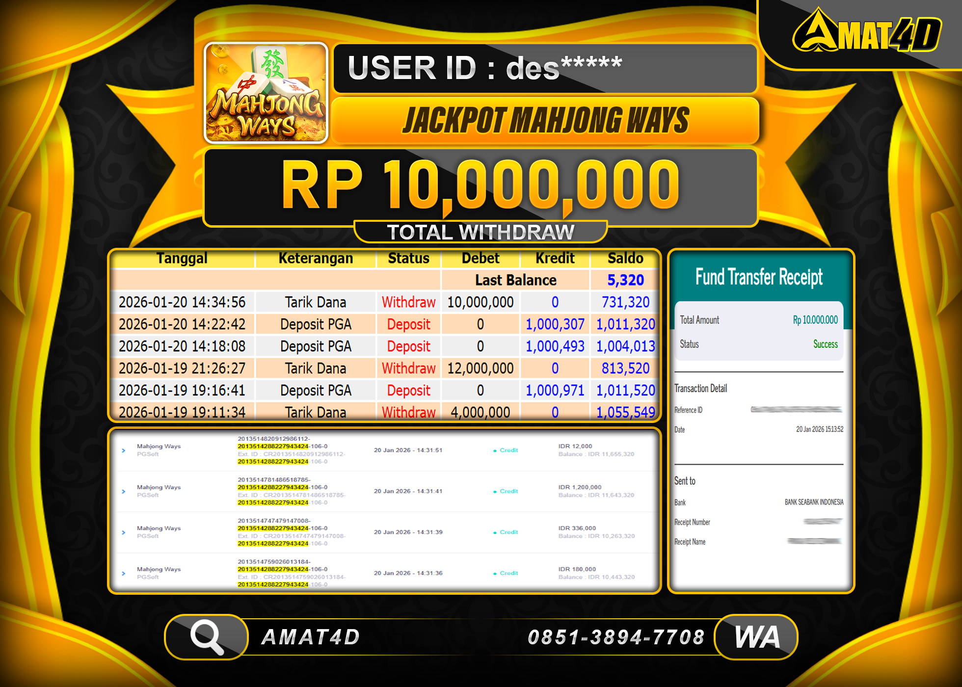 AMAT4D KEMENANGAN SLOT PG SOFT MAHJONG WAYS Rp.10.000.000 BERHASIL TERBAYAR LUNAS