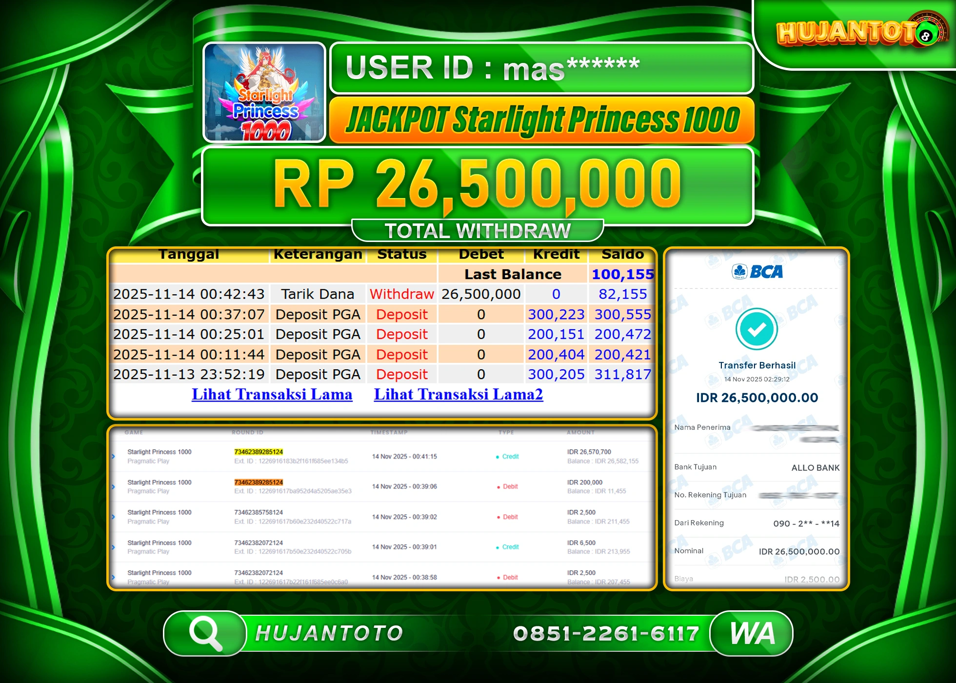 HUJANTOTO - BUKTI JACKPOT MENANG SLOT STAR LIGHT PRINCESS 1000 Rp.26,500,000 - TERBAYAR LUNAS