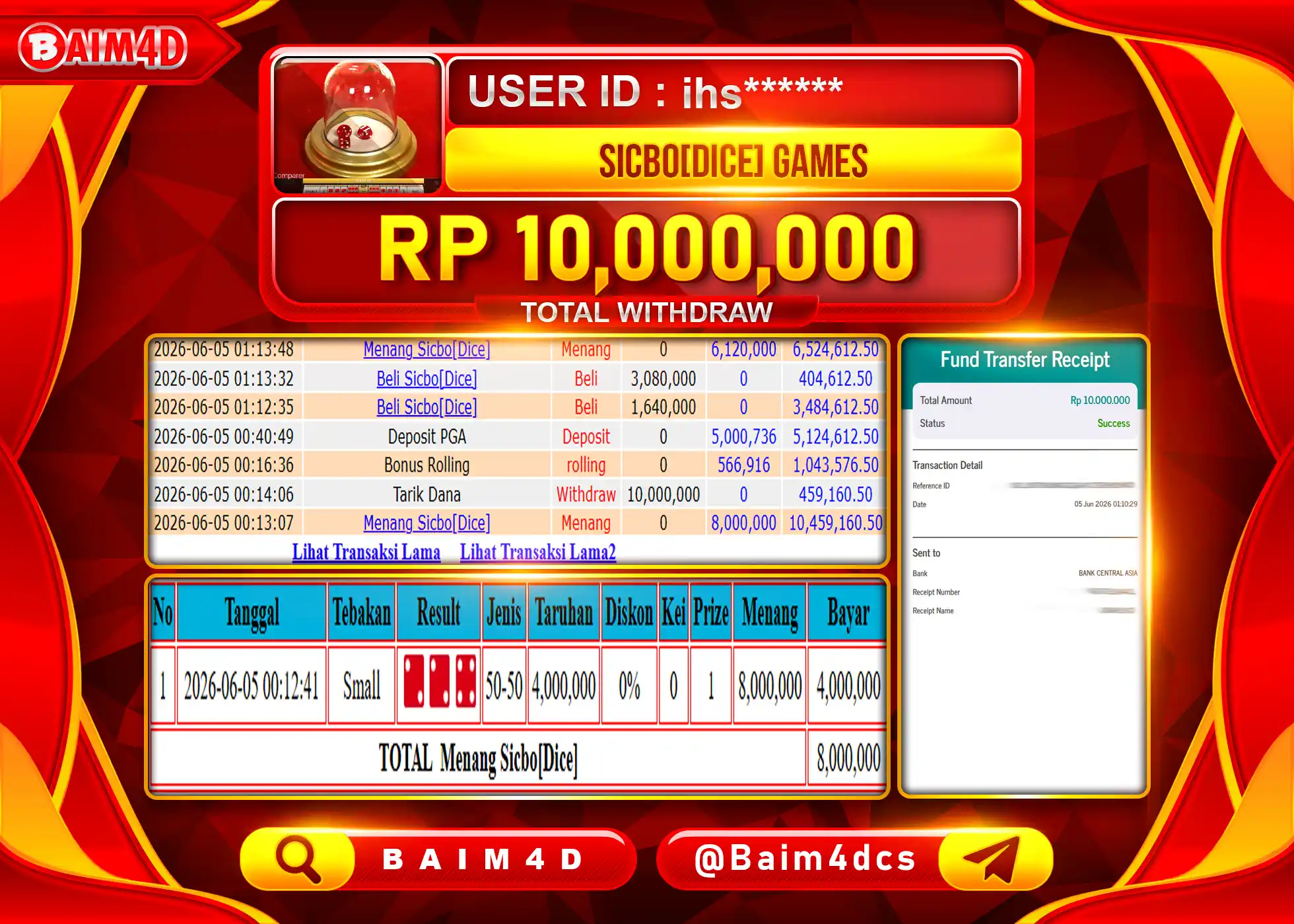 BAIM4D JACKPOT LIVE GAME SICBO {DICE} Rp.10,000,000 - LUNAS
