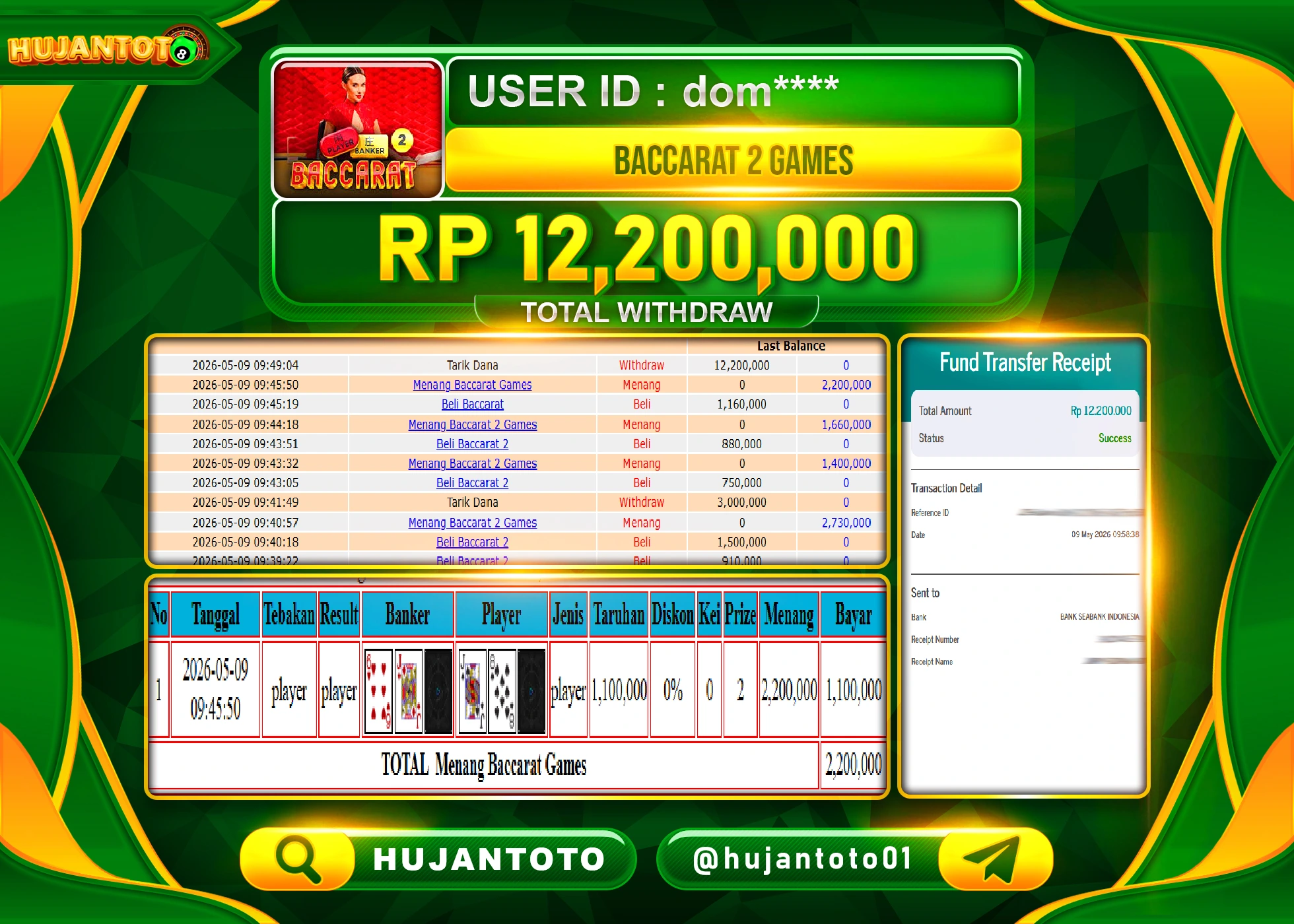 HUJANTOTO - BUKTI JACKPOT MENANG LIVEGAME BACCARAT 2 GAMES Rp.12,200,000 - TERBAYAR LUNAS