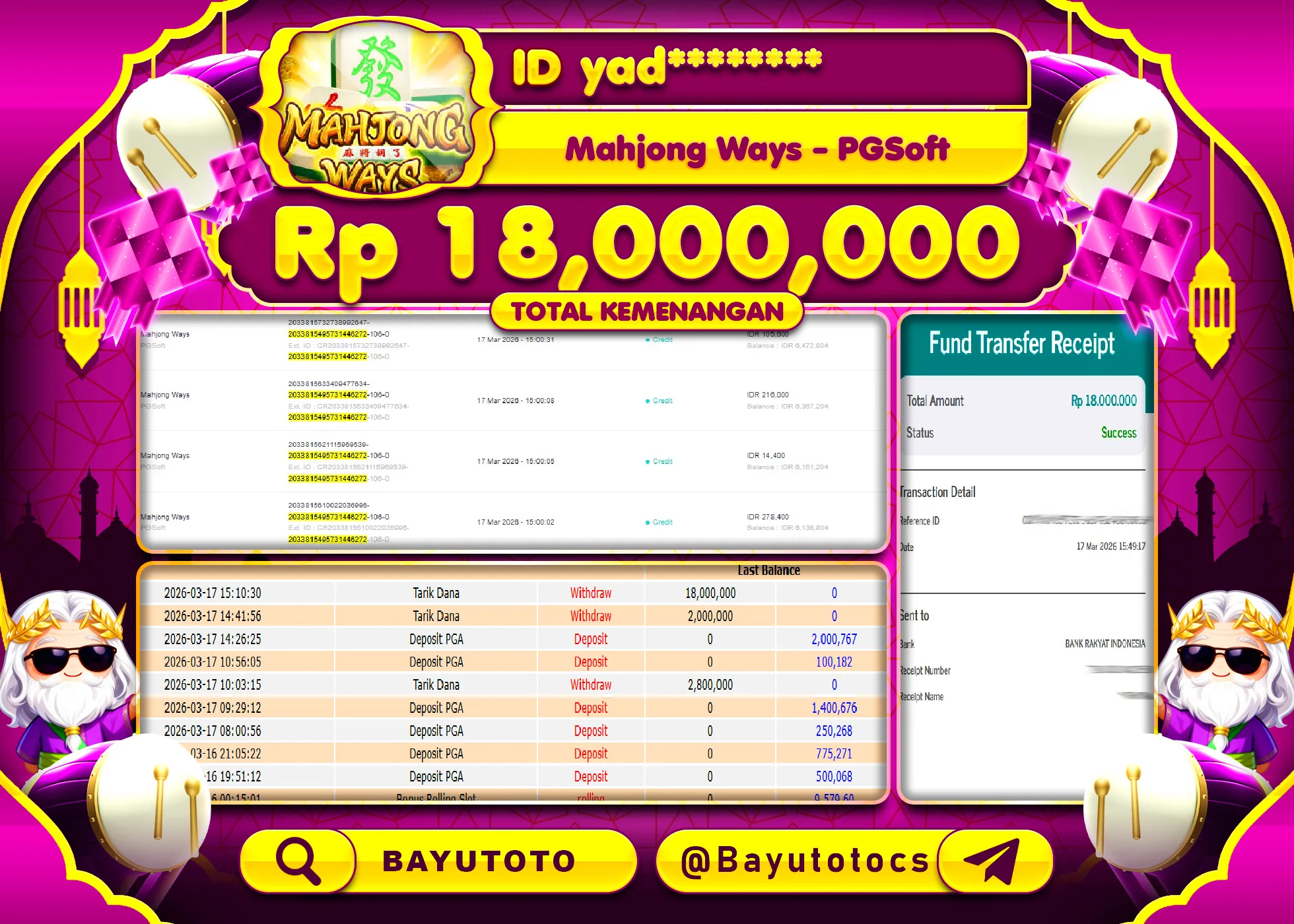 SELAMAT MEMBER SETIA BAYUTOTO JACKPOT DI SLOT MAHJONG WAYS (PGSOFT) Rp. 18,000,000 LUNAS