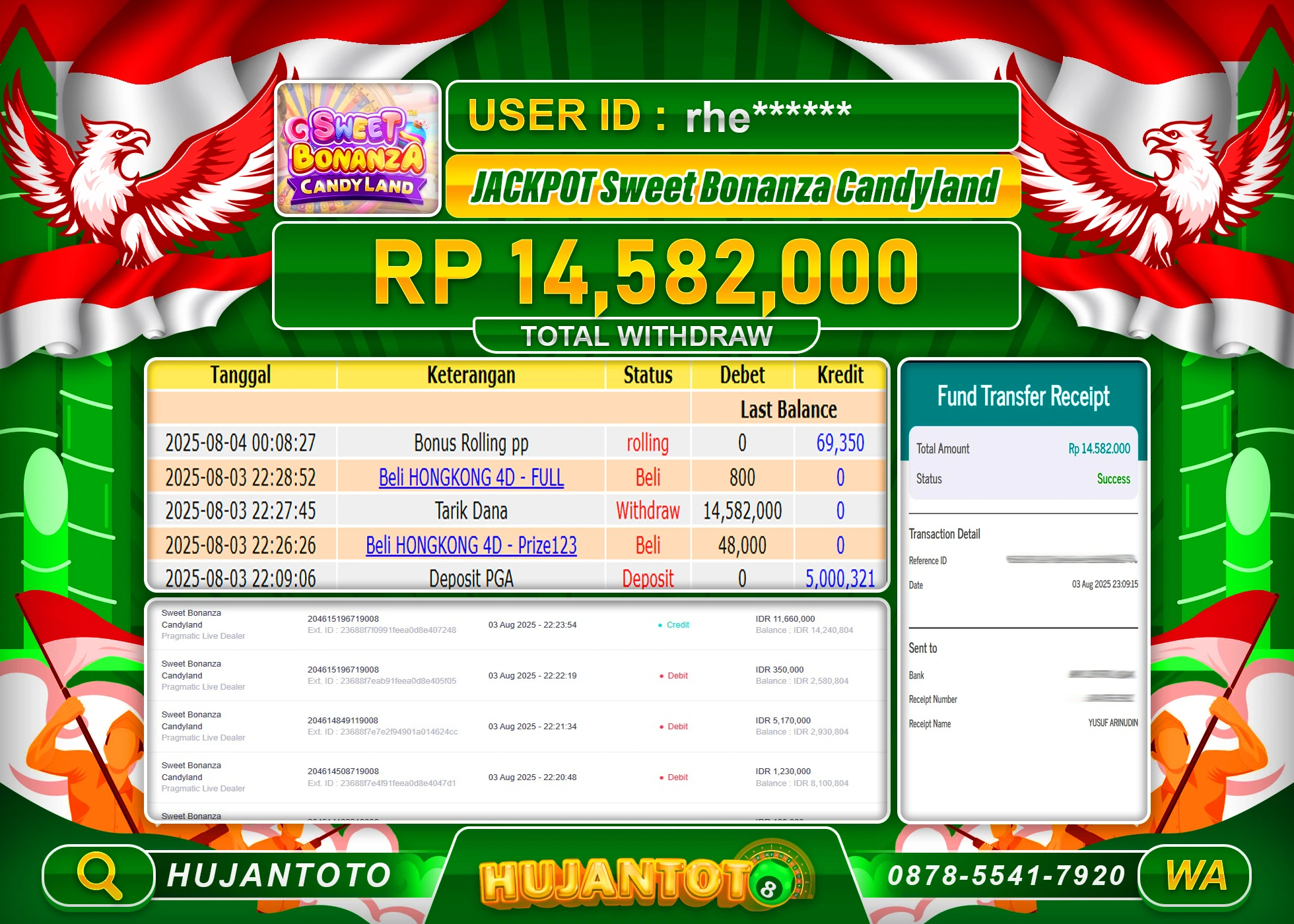 HUJANTOTO - BUKTI JACKPOT MENANG SLOT SWEET BONANZA CANDYLAND Rp.14,582,000 - TERBAYAR LUNAS