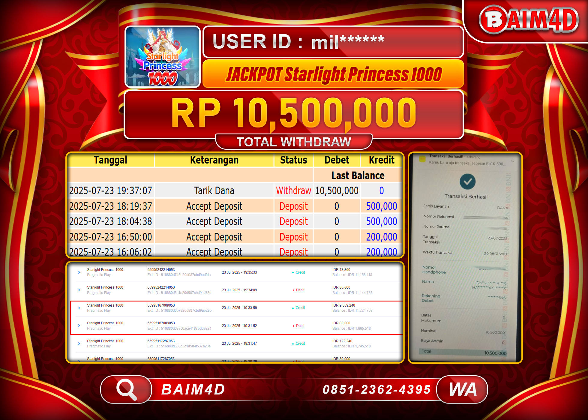 BAIM4D JACKPOT SLOT STARLIGHT PRINCESS 1000  Rp.10,500,00.- LUNAS