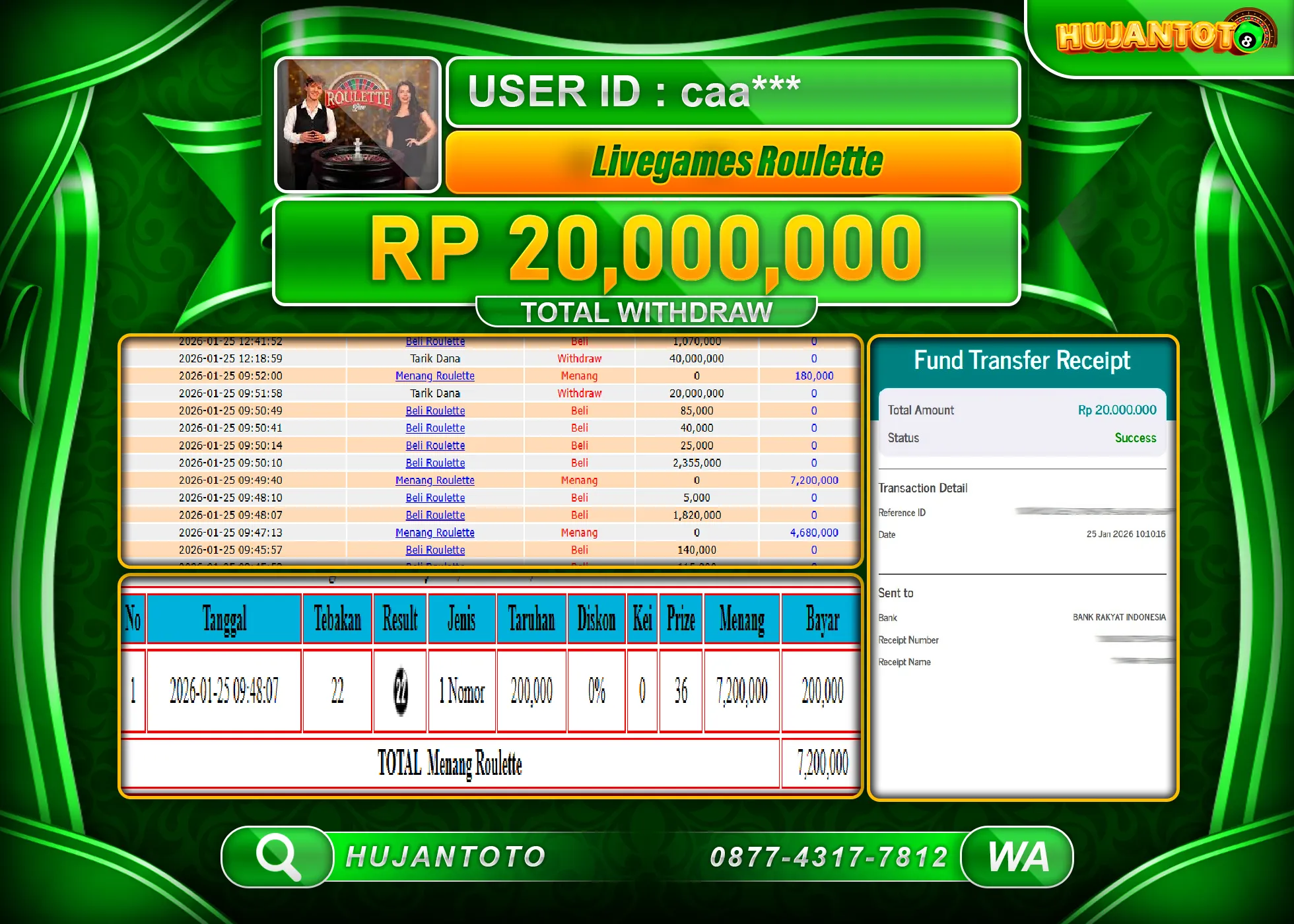 HUJANTOTO - BUKTI JACKPOT MENANG LIVEGAMES ROULETTE  Rp.20,000,000 - TERBAYAR LUNAS