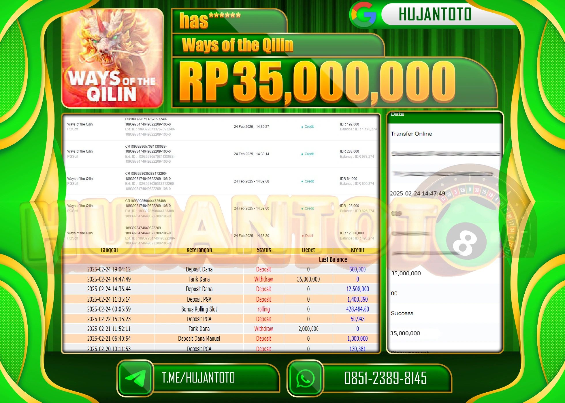 HUJANTOTO - BUKTI JACKPOT MENANG SLOT PG SOFT WAYS OF THE QILIN  Rp,35,000,000 - TERBAYAR LUNAS