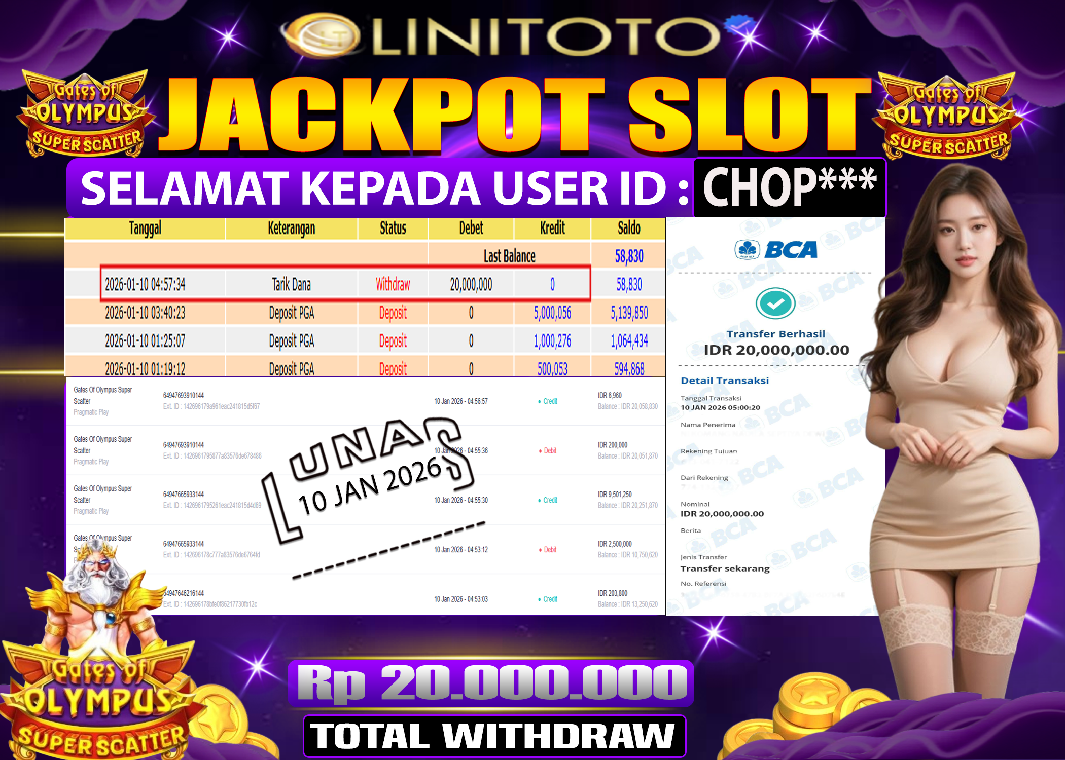 LINITOTO JACKPOT SLOT Gates Of Olympus Super Scatter Rp.20,000,000 - LUNAS