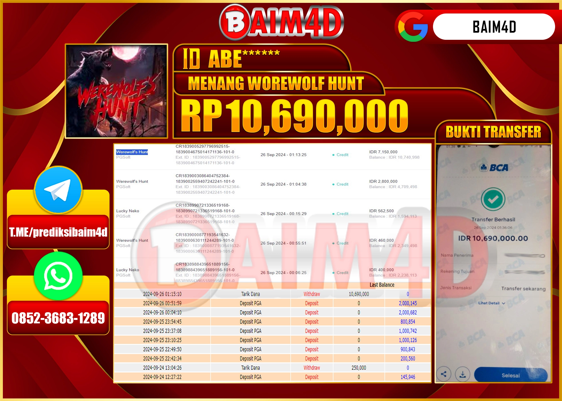BAIM4D JACKPOT  MENANG WOREWOLF HUNT Rp.10.690,000.- LUNAS