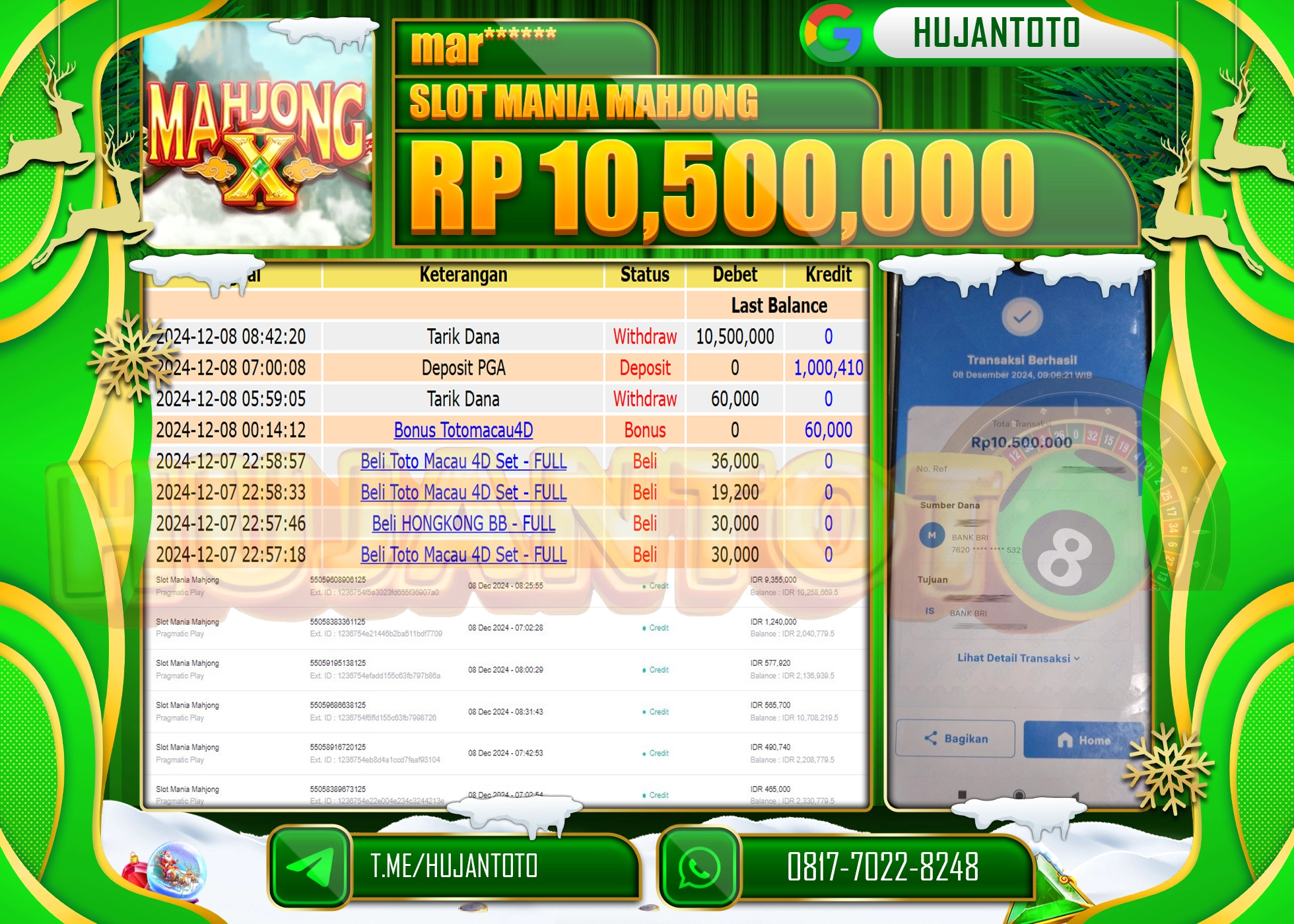 HUJANTOTO ATAS KEMENANGAN BESAR YANG  DI RAIH DI PERMAINAN SLOT MANIA MAHJONG - 10,500,000 -TERBAYAR - LUNAS 
