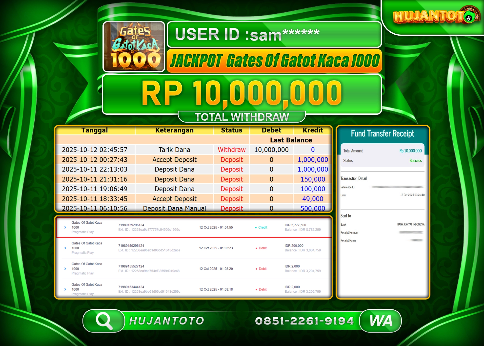 HUJANTOTO - BUKTI JACKPOT MENANG SLOT GATES OF GATOT KACA 1000 Rp.10,000,000 - TERBAYAR LUNAS